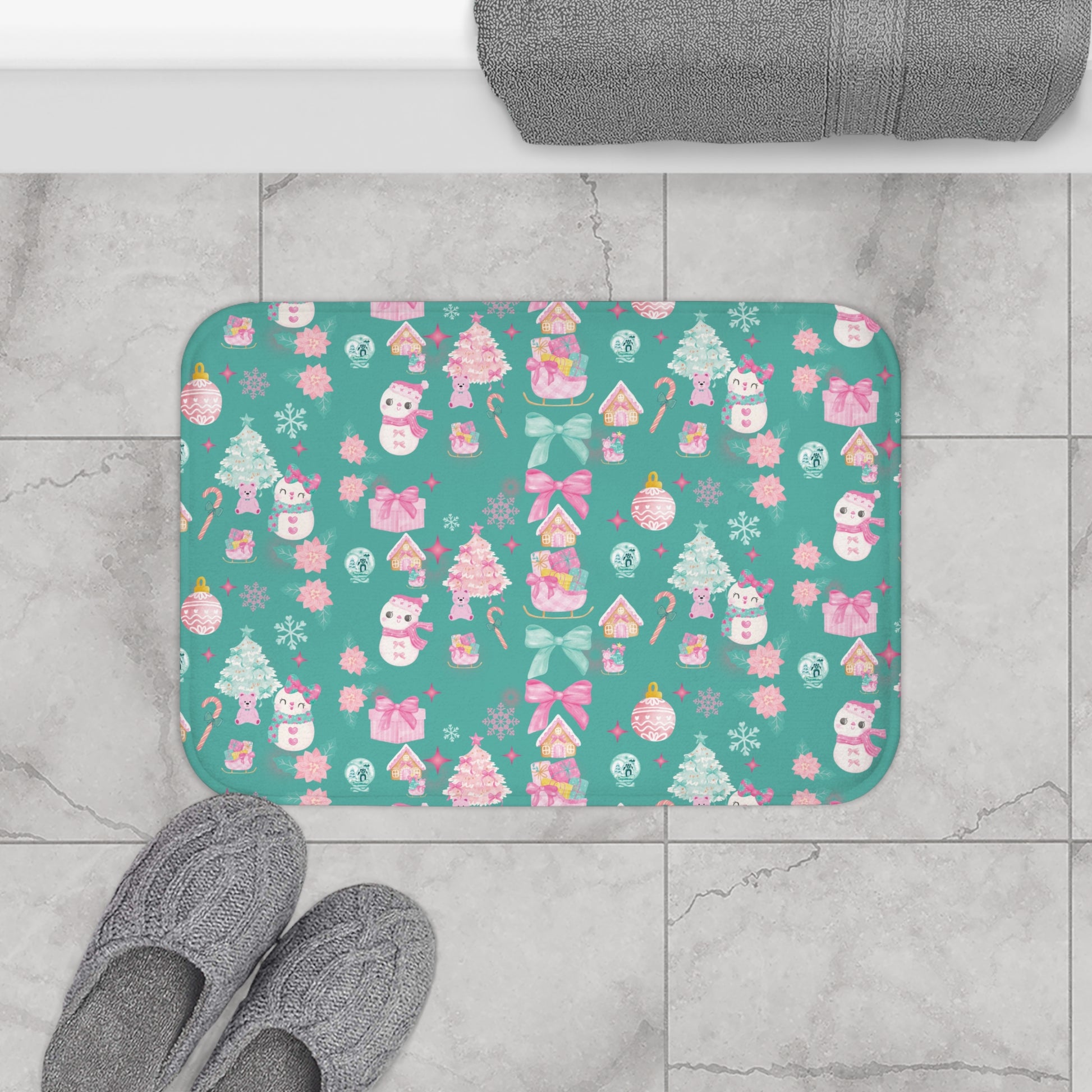 Glam Christmas Bath Mat – Pink and Turquoise Holiday Bathroom Decor, Soft Non-Slip Mat for Festive Vibes, Cozy  Stylish Winter Accent
