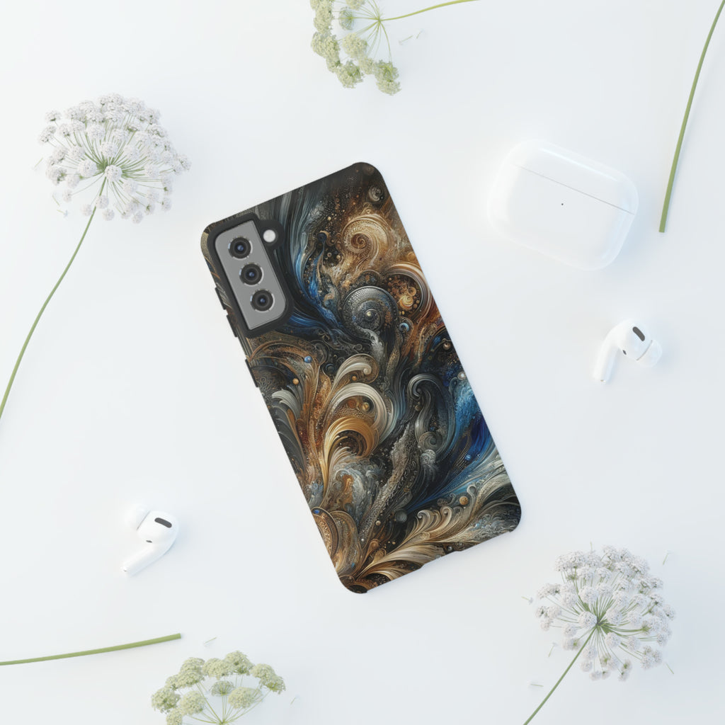 Gold and Navy Art Design Luxury Phone Tough Case Floral Elegant Durable Stylish for Modern Devices iPhone 15, Samsung iPhone Samsung Accessory Gift for Her.