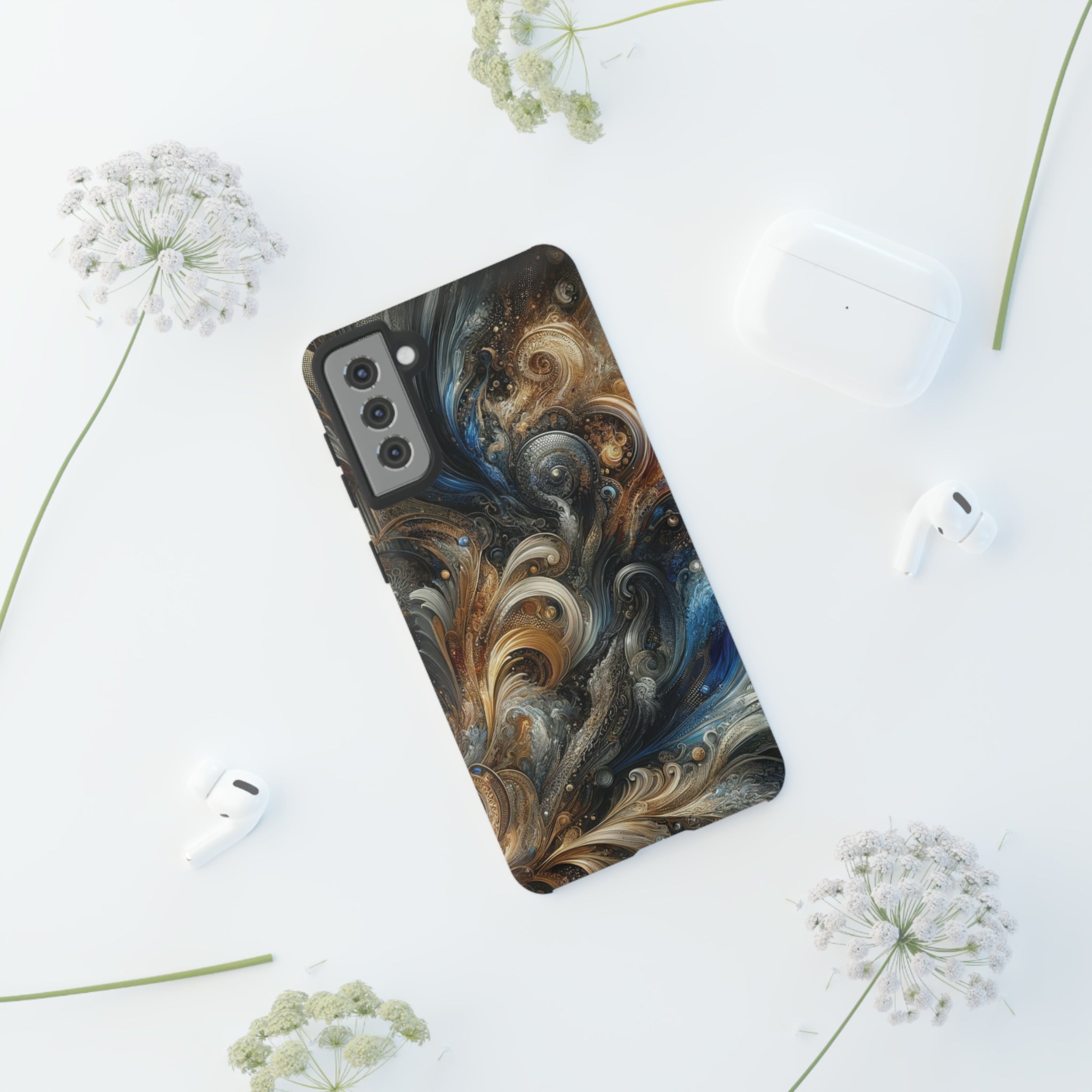 Gold and Navy Art Design Luxury Phone Tough Case Floral Elegant Durable Stylish for Modern Devices iPhone 15, Samsung iPhone Samsung Accessory Gift for Her.
