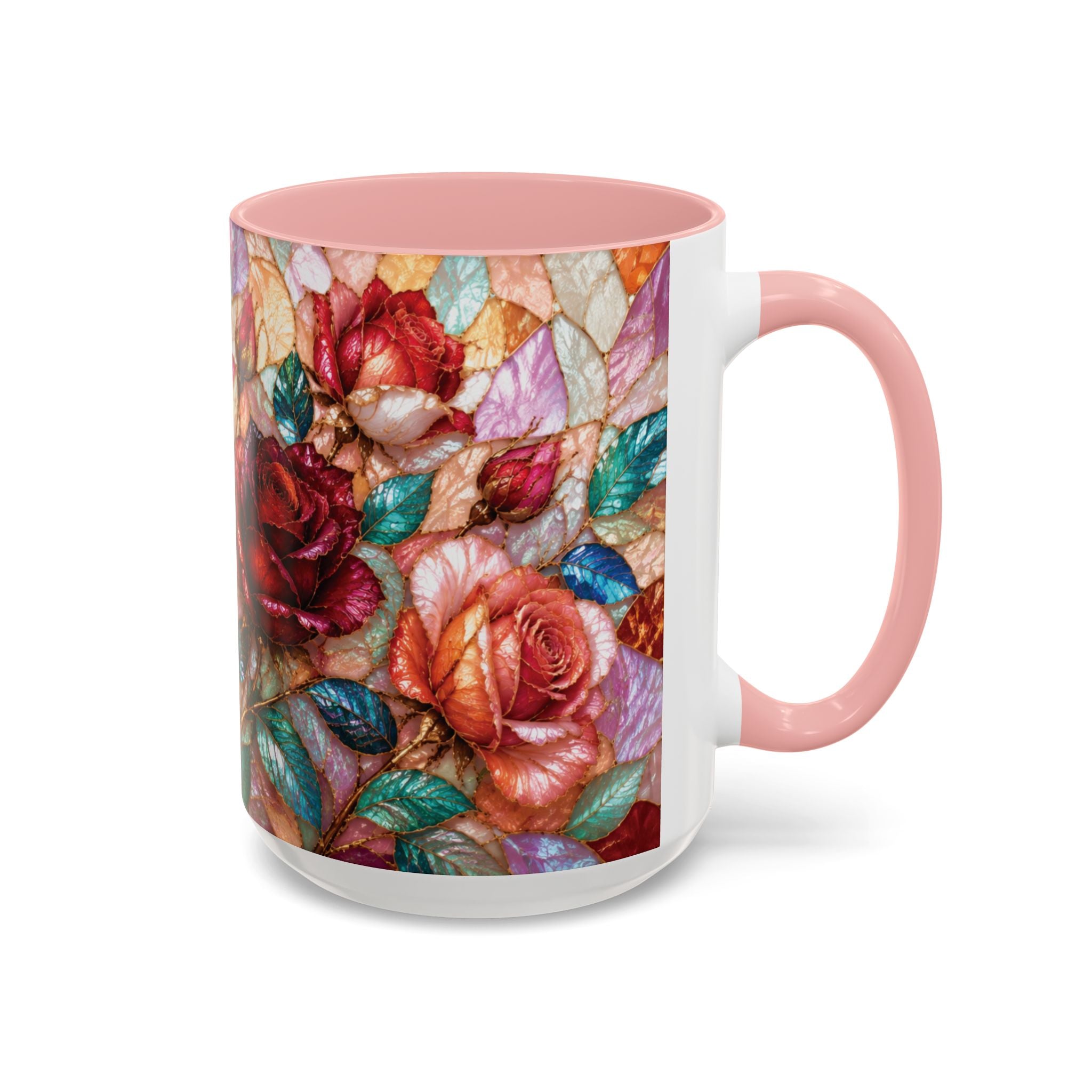 Floral Stained-Glass Accent Coffee Mug Colorful Rose Pattern (11/15 oz) Gift for Her