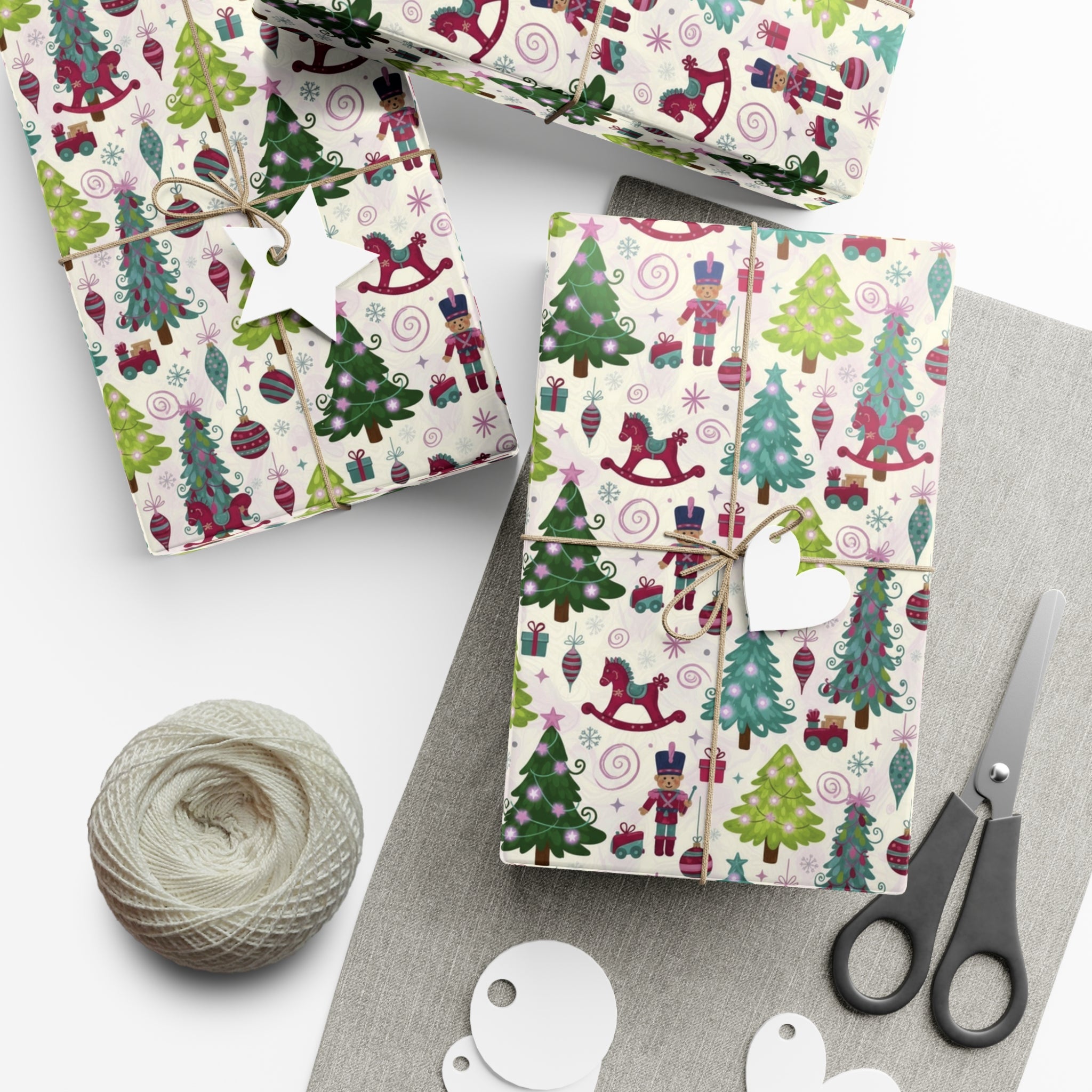 Festive Christmas wrapping paper with toys, trees & holiday icons. Available in 3 sizes—perfect for gifts, parties & seasonal décor.