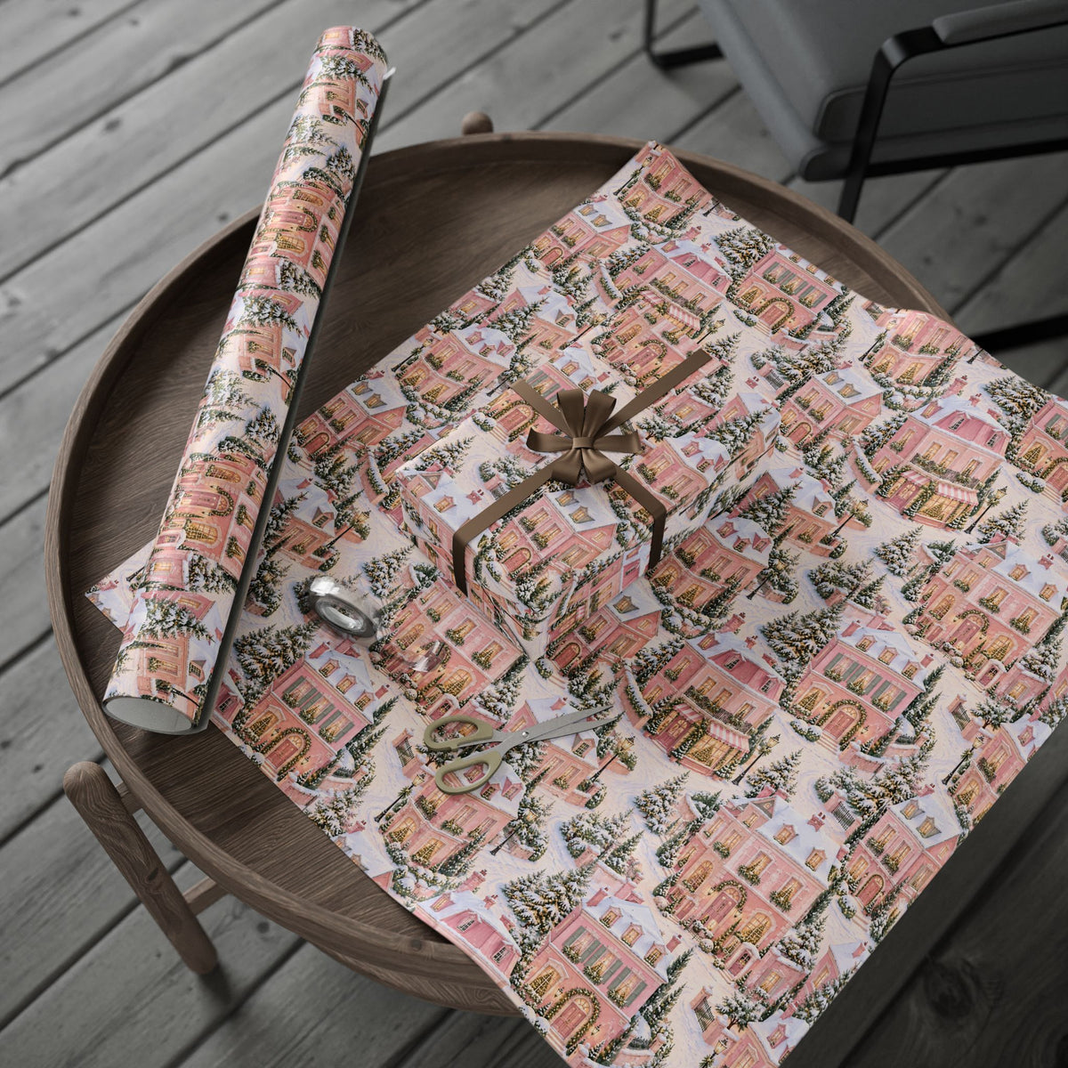 Wrapping Paper — Pink Snowy Village Holiday Gift Wrap (Festive Cottage Pattern)