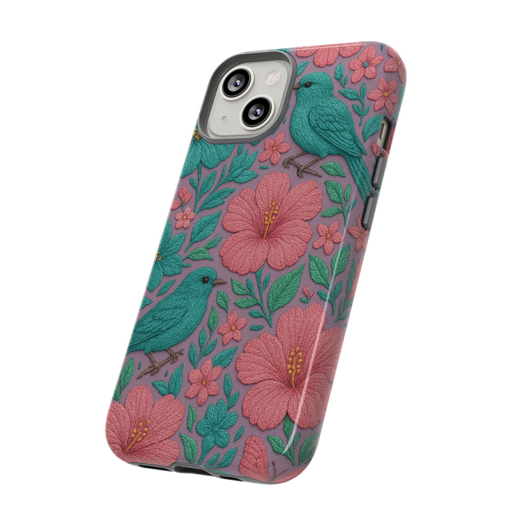 Turquoise, Pink and Lavender 3D Embroidery Illusion Phone Case Tropical Flowers, Birds & Butterflies Cover with Bold, Realistic Floral Texture iPhone, Samsung