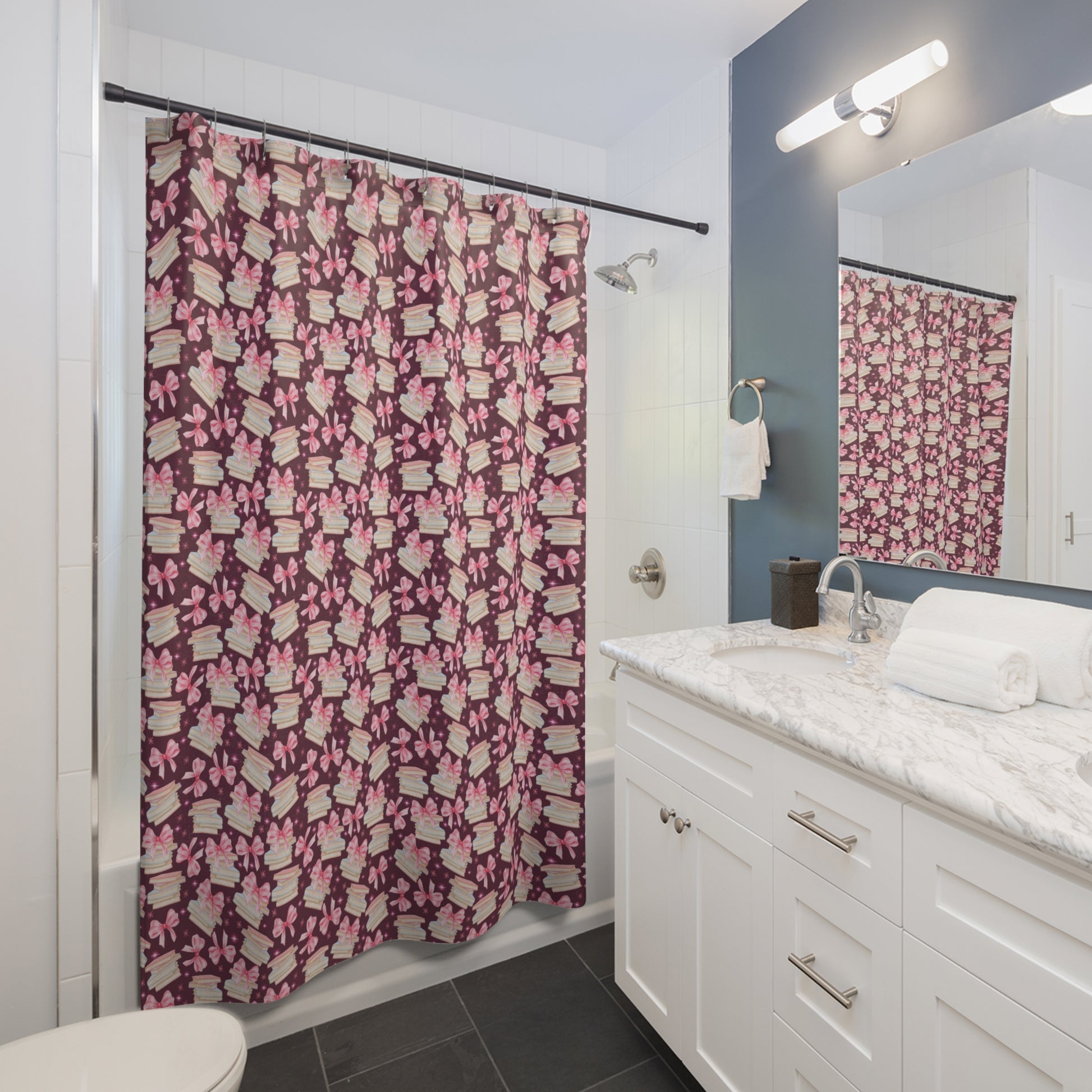 Coquette Pink Bows & Books Shower Curtain Vibrant Floral Design for Bohemian Bathroom Décor 100% Polyester, Water-Resistant, and Stylish Upgrade the Bathroom - MRSBYVALLE