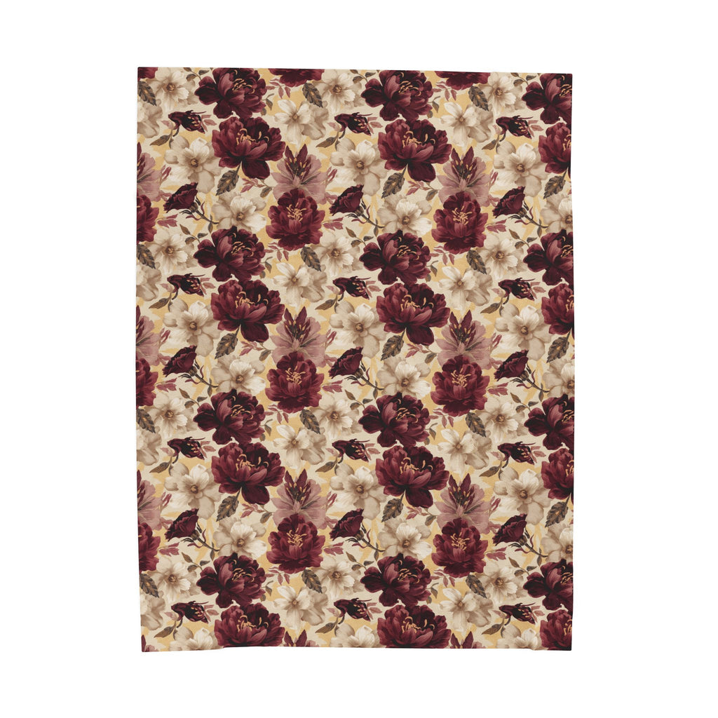 Velveteen Plush Blanket - Vintage Burgundy Rose Floral Throw Cottage