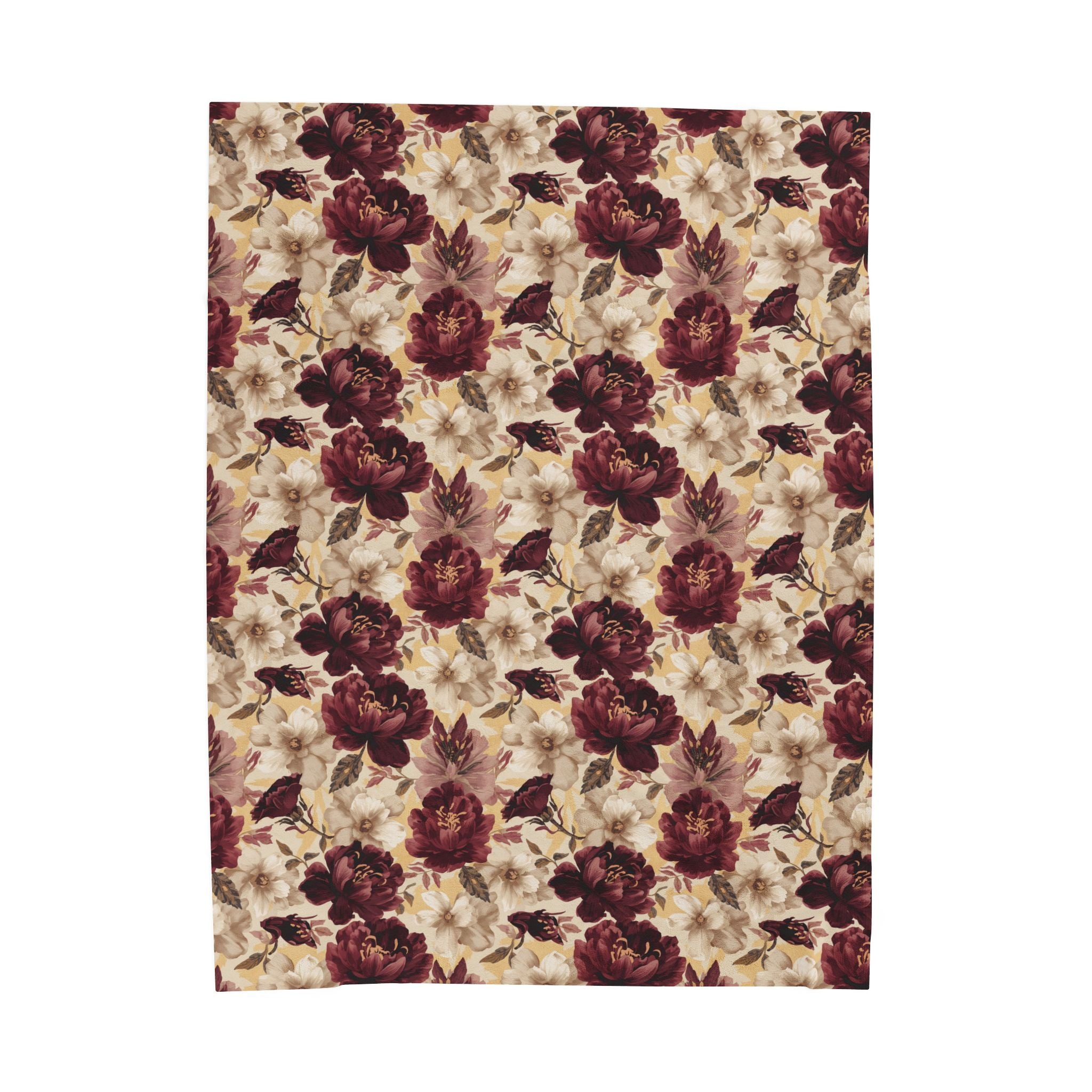 Velveteen Plush Blanket - Vintage Burgundy Rose Floral Throw Cottage
