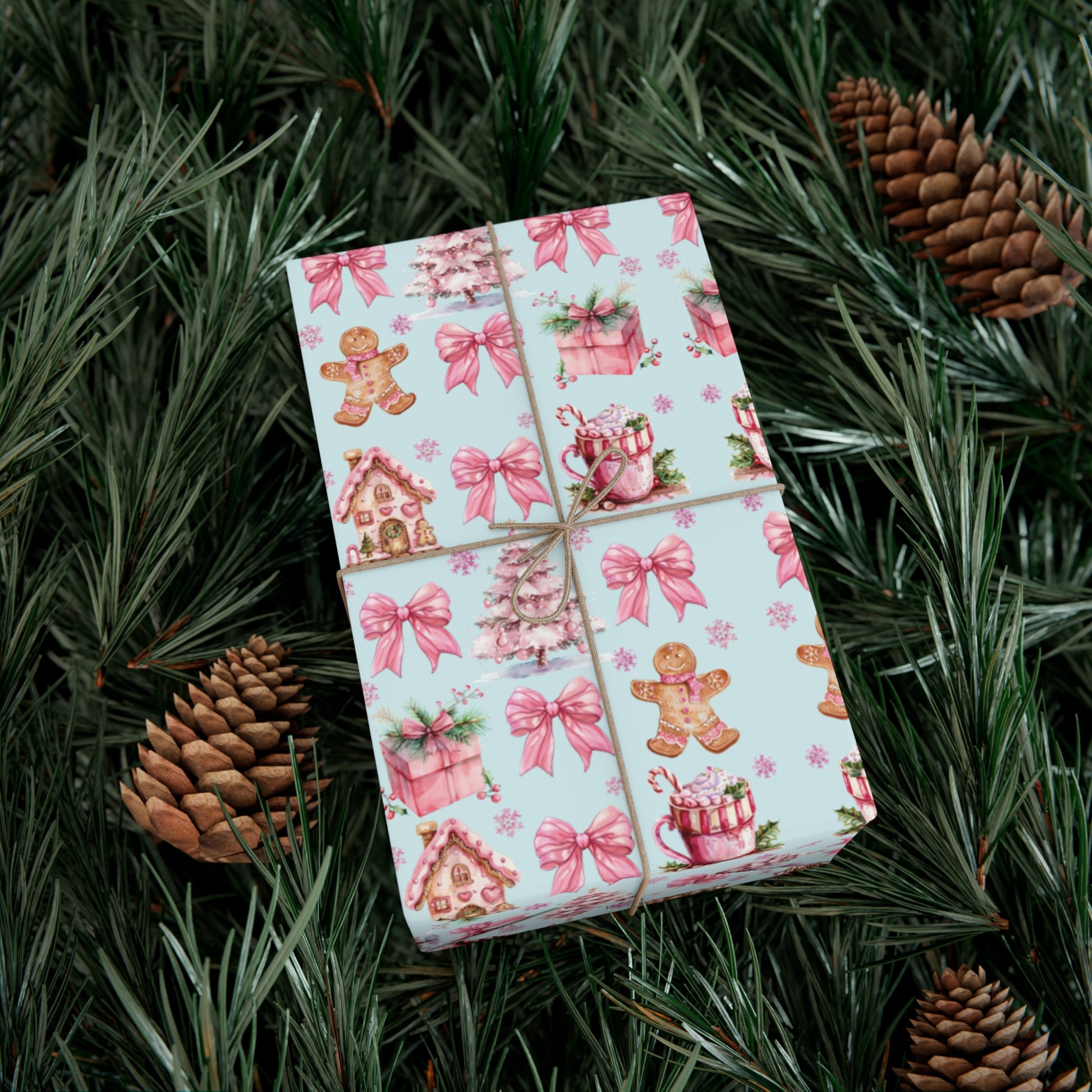 Coquette Pink Gingerbread House Man Wrapping Paper with Adorable Pink Bows Perfect for Whimsical Christmas Gift Wrap | Festive Holiday Present Wrapping Sheets - MRSBYVALLE