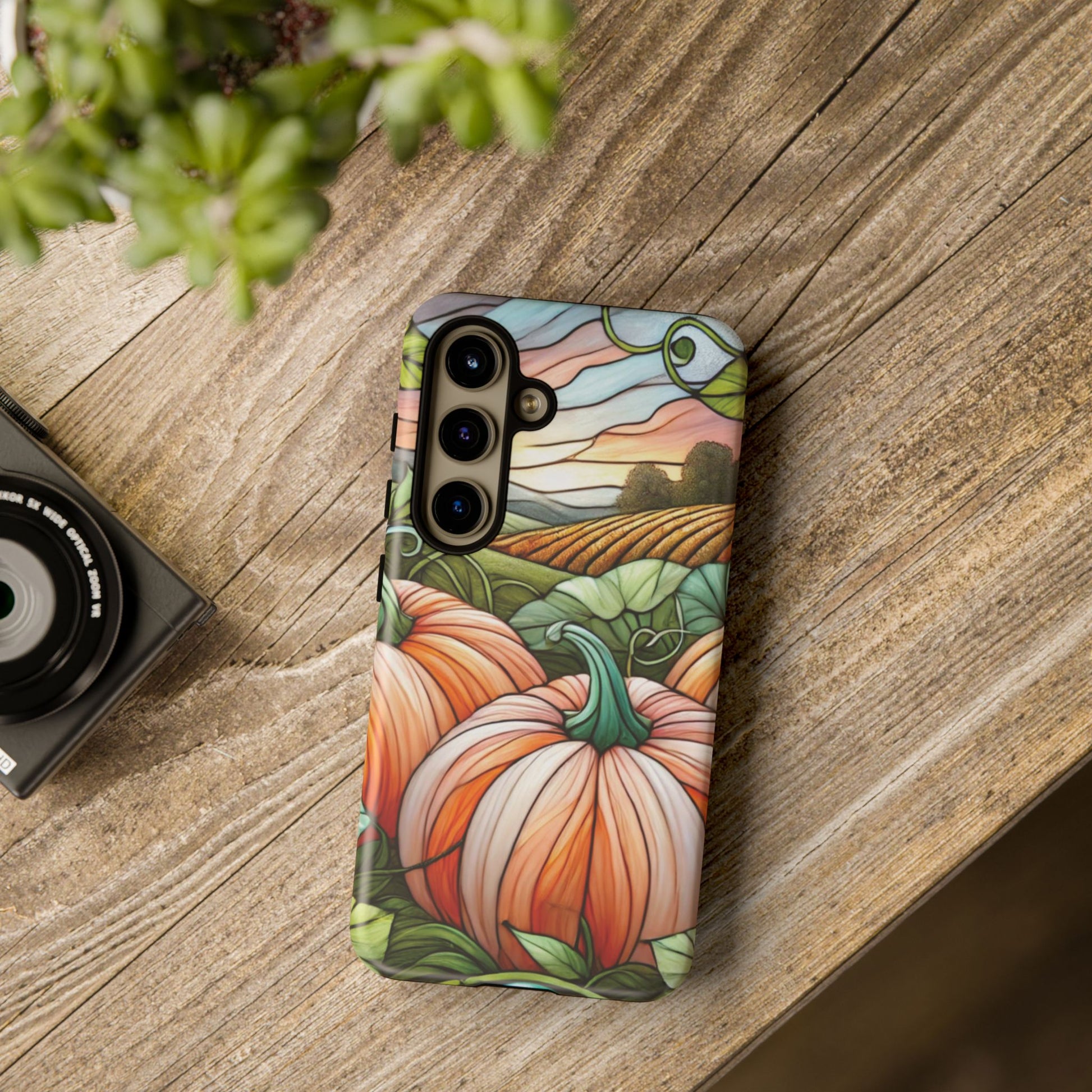 Pumpkins Phone Case Fall Faux Stained-Glass Thanksgiving Cover Pumpkin Lovers Gift for Galaxy S 24 23 22 21 Pixel 5 6 7 8 iPhone 17 , 16 15 14 13 12 Samsung iPhone Samsung Gift for Her