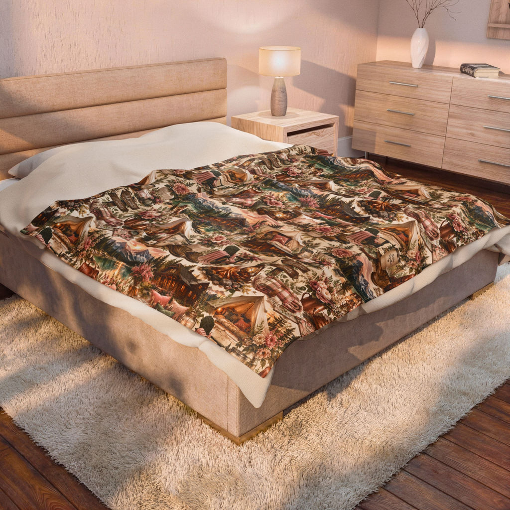 Cozy Cabin Camping Velveteen Plush Blanket Outdoor