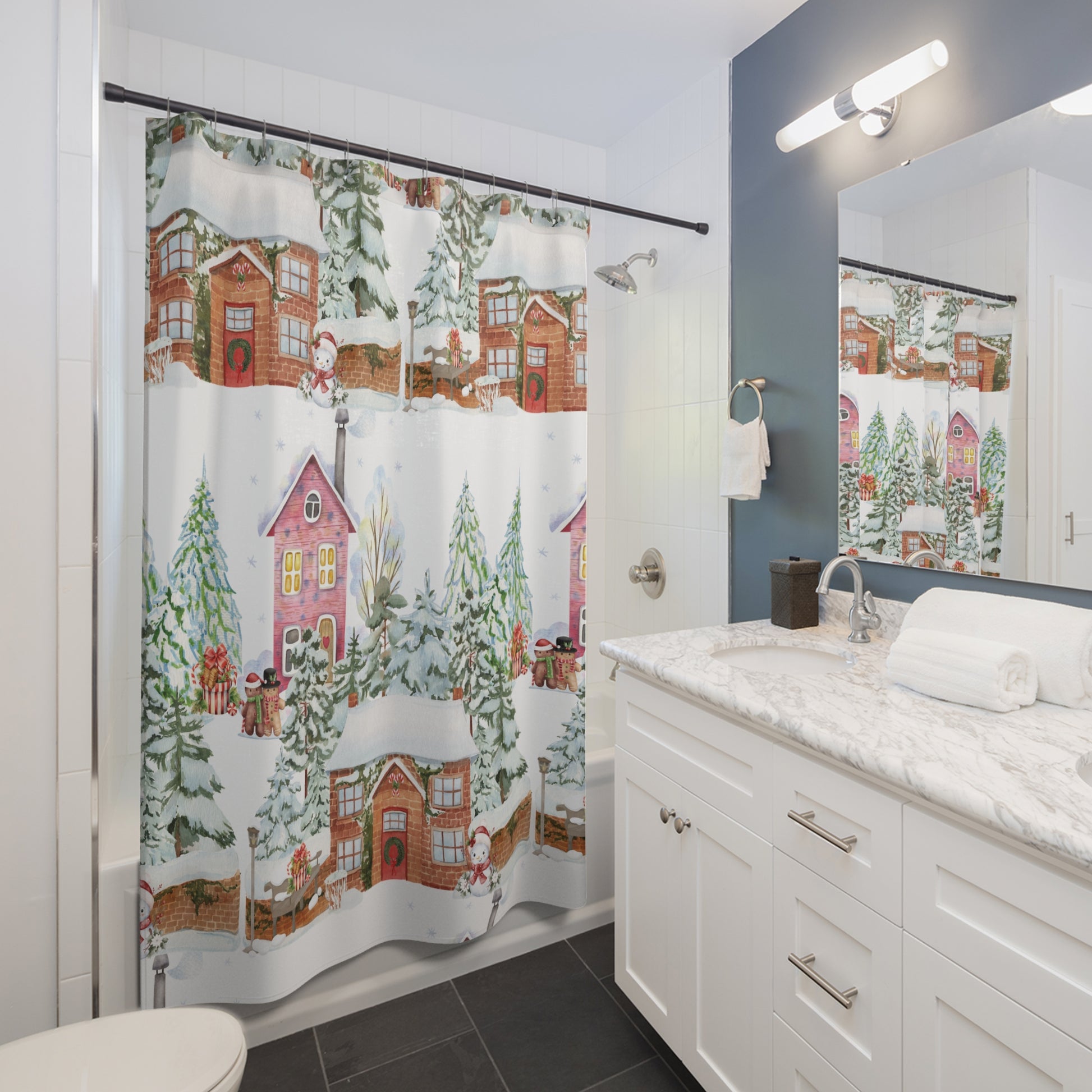 Watercolor Christmas Shower Curtain | Festive Holiday Bathroom Decor | Winter Wonderland Snowy Scene with Trees, Gifts Cozy Cheer Hooks Not Included