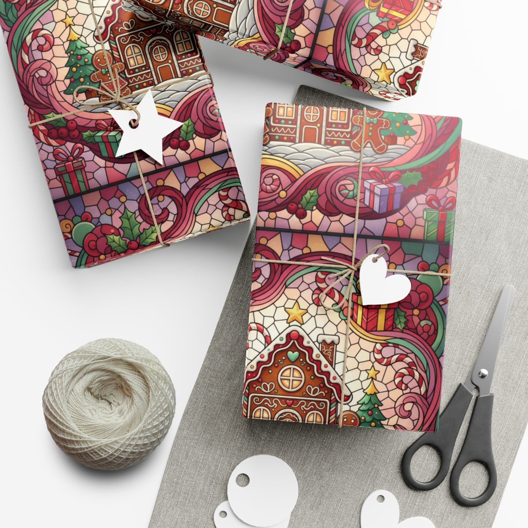 Stained Glass Gift Wrap Papers, Gingerbread House and Family Design - Wrapping Sheets, Festive Holiday Craft Supplies, Christmas Decoration