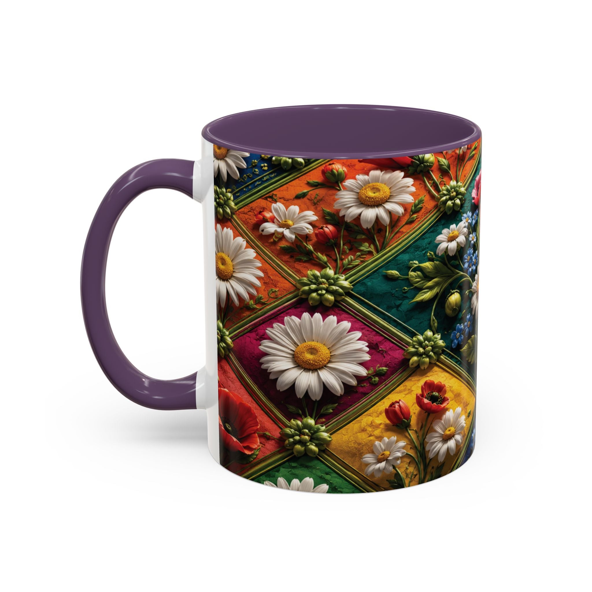 Floral Patchwork Accent Coffee Mug — Colorful Poppies & Daisies (11/15oz) 3D Illusion