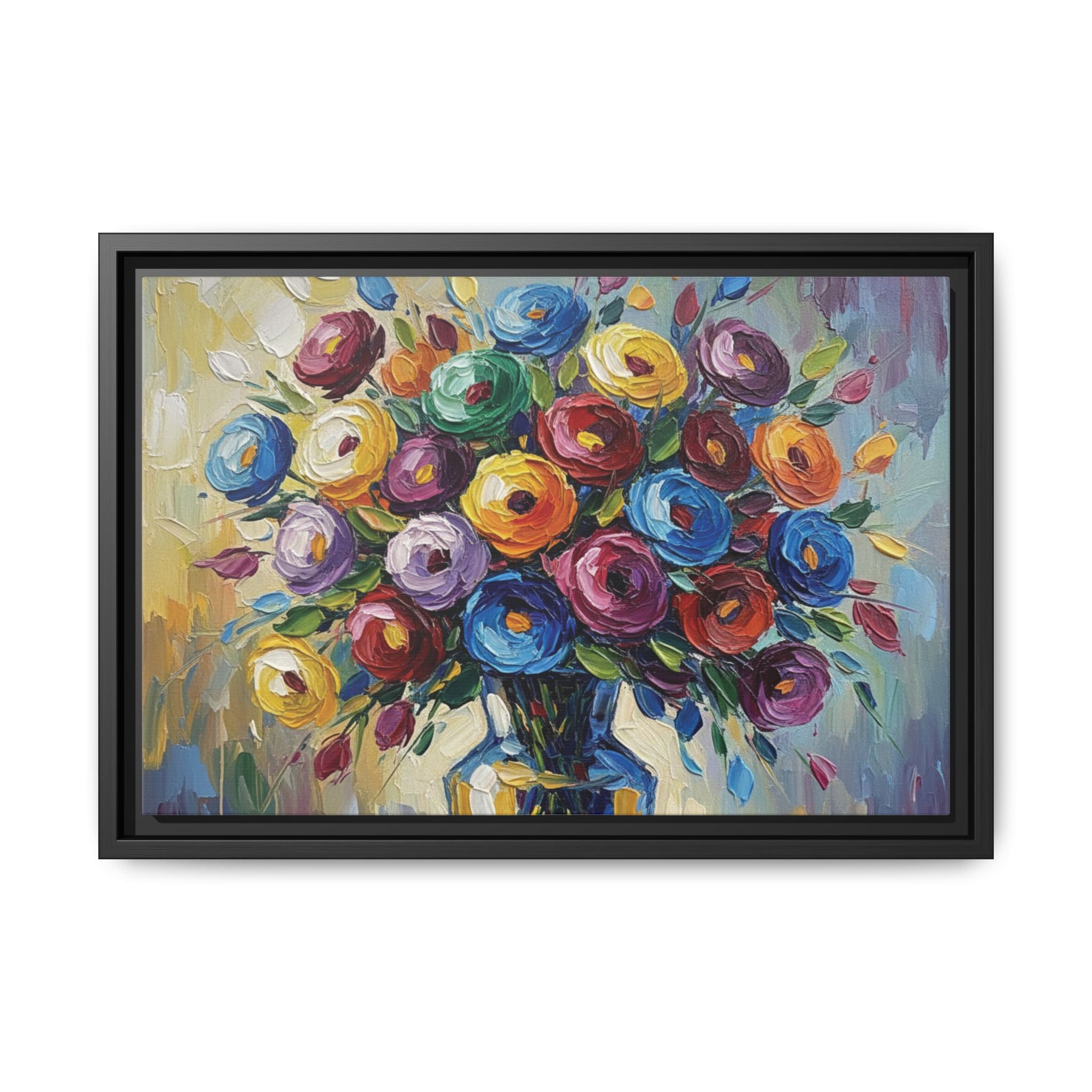 Impression sur toile bouquet floral aquarelle - Tableau mural encadré mat - Illusion de peinture à l'huile vibrante
