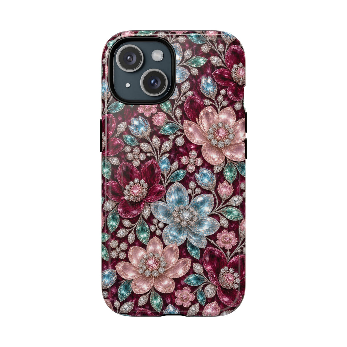Floral faux Jewel Phone Case Sparkling Burgundy Flower Tough Magnetic Case 18 iPhone