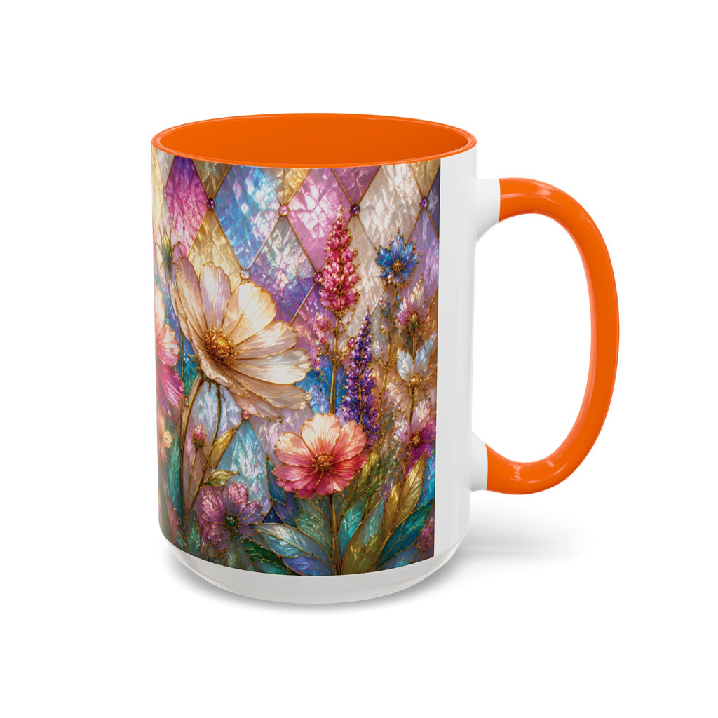 Floral Mosaic Accent Coffee Mug — Colorful Garden Flowers 11/15oz Stain Glass Illusion