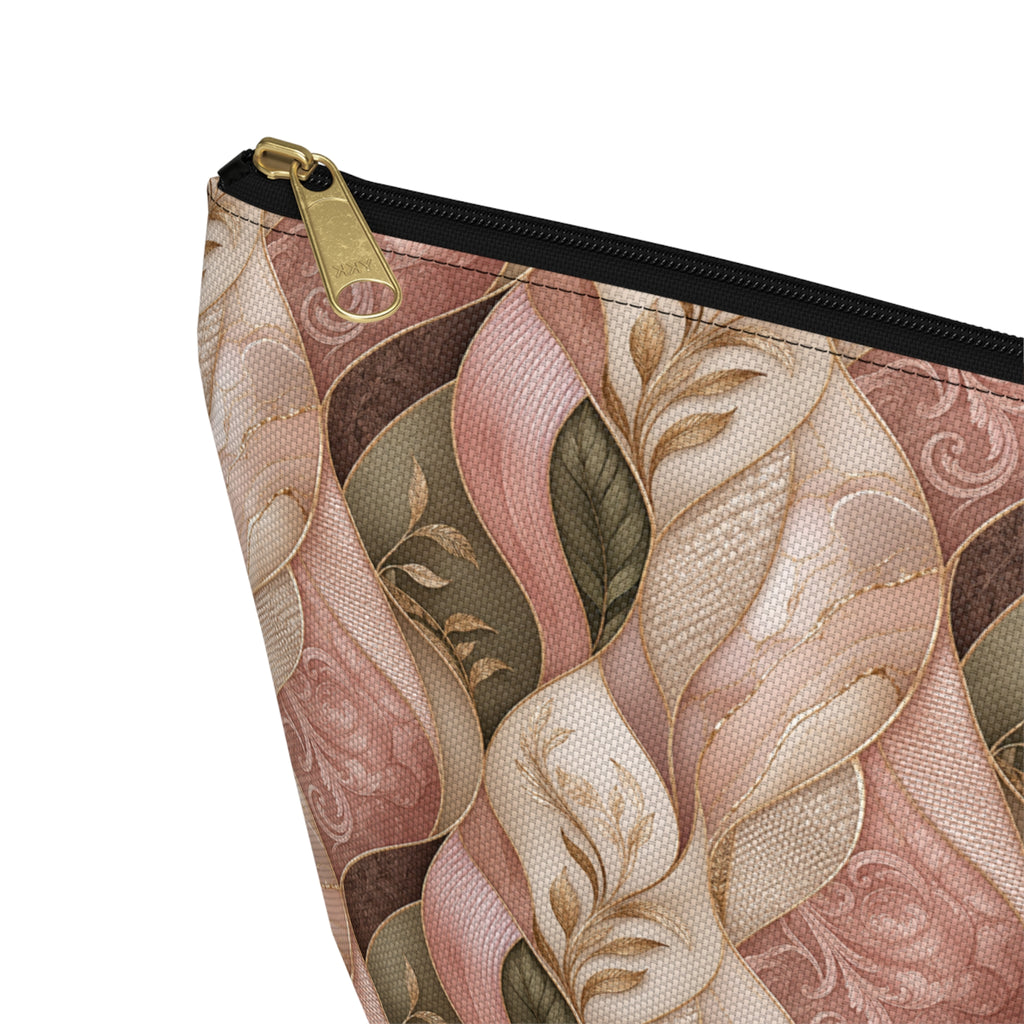 Braided Floral Accessory Pouch — Pink & Olive T‑Bottom Cosmetic Bag