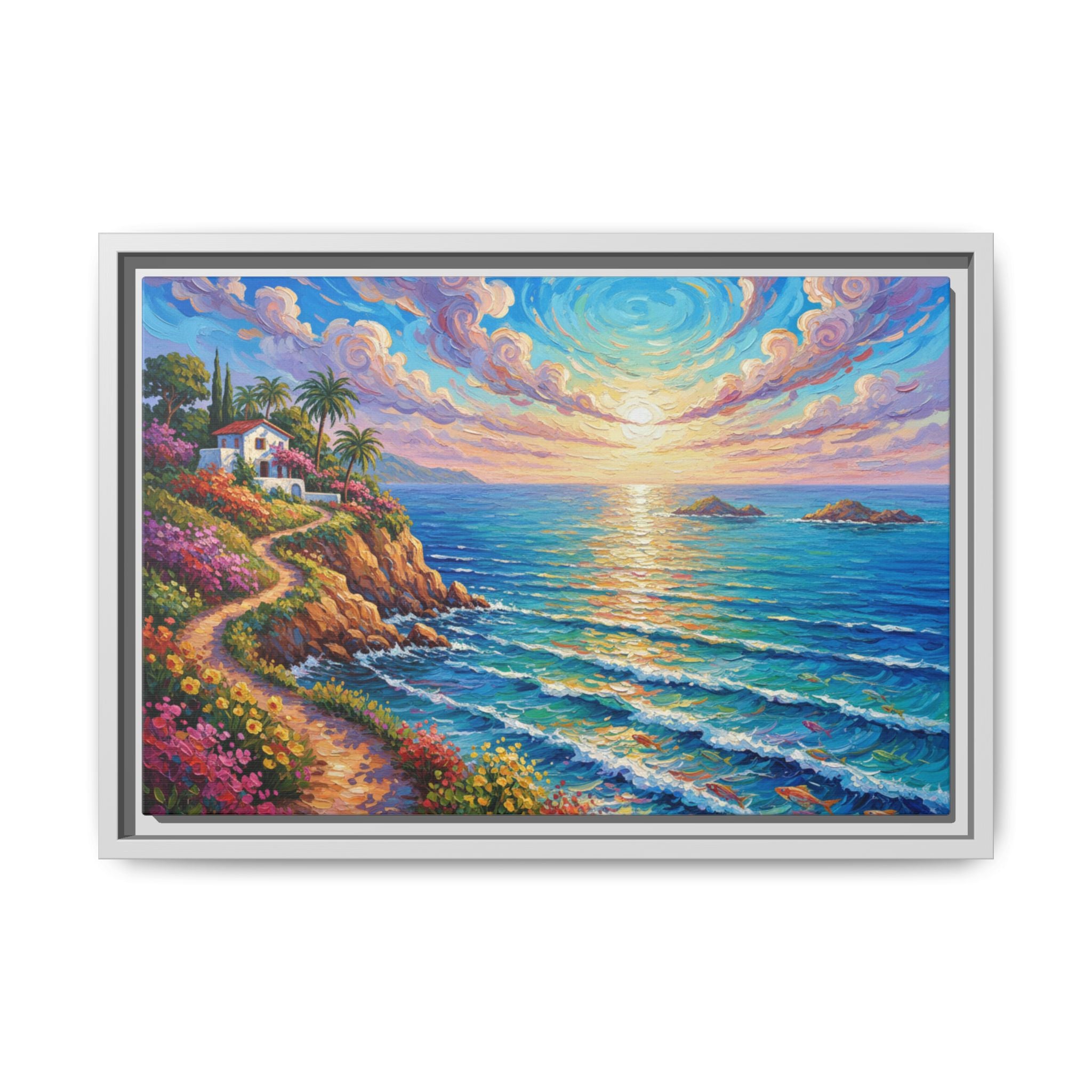 Ocean Floral Print Canvas | Bright Colorful Seascape Wall Art, Framed Matte Office Art Work
