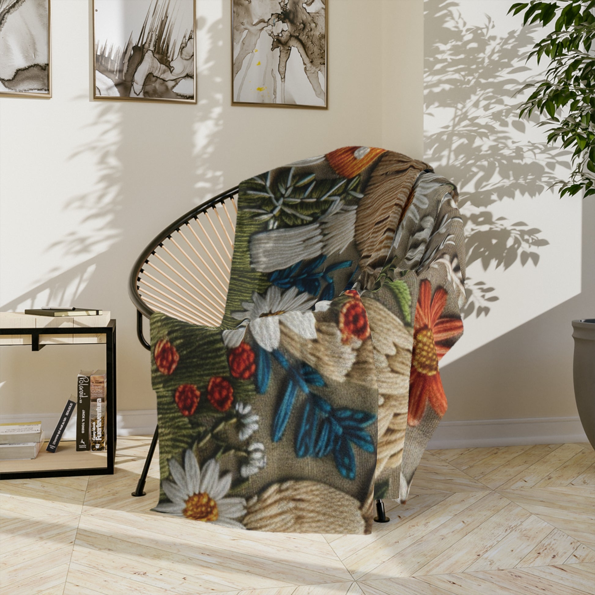 Mushroom Vintage floral Yellow Flower Throw Blanket – Cozy Soft Botanical Design for Bed, Couch, or Reading Nook, Perfect Gift for Nature Lovers & Home Refresh