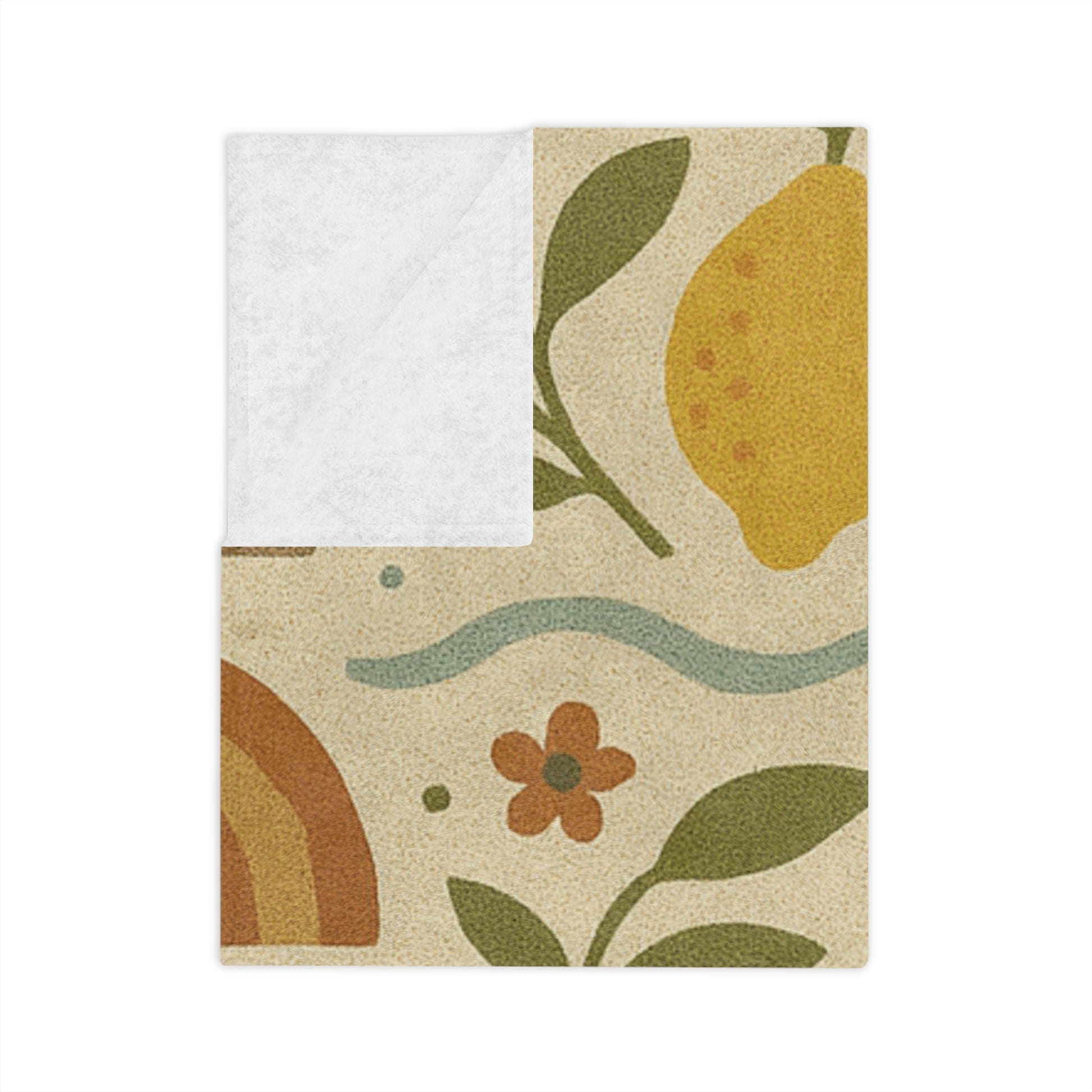 Boho Lemon Grove Blanket Cozy Knit Throw Featuring Hand-Drawn Lemons, Olive Leaves & Soft Waves in Earthy Tones, Perfect for Warmth & Style Year-Round