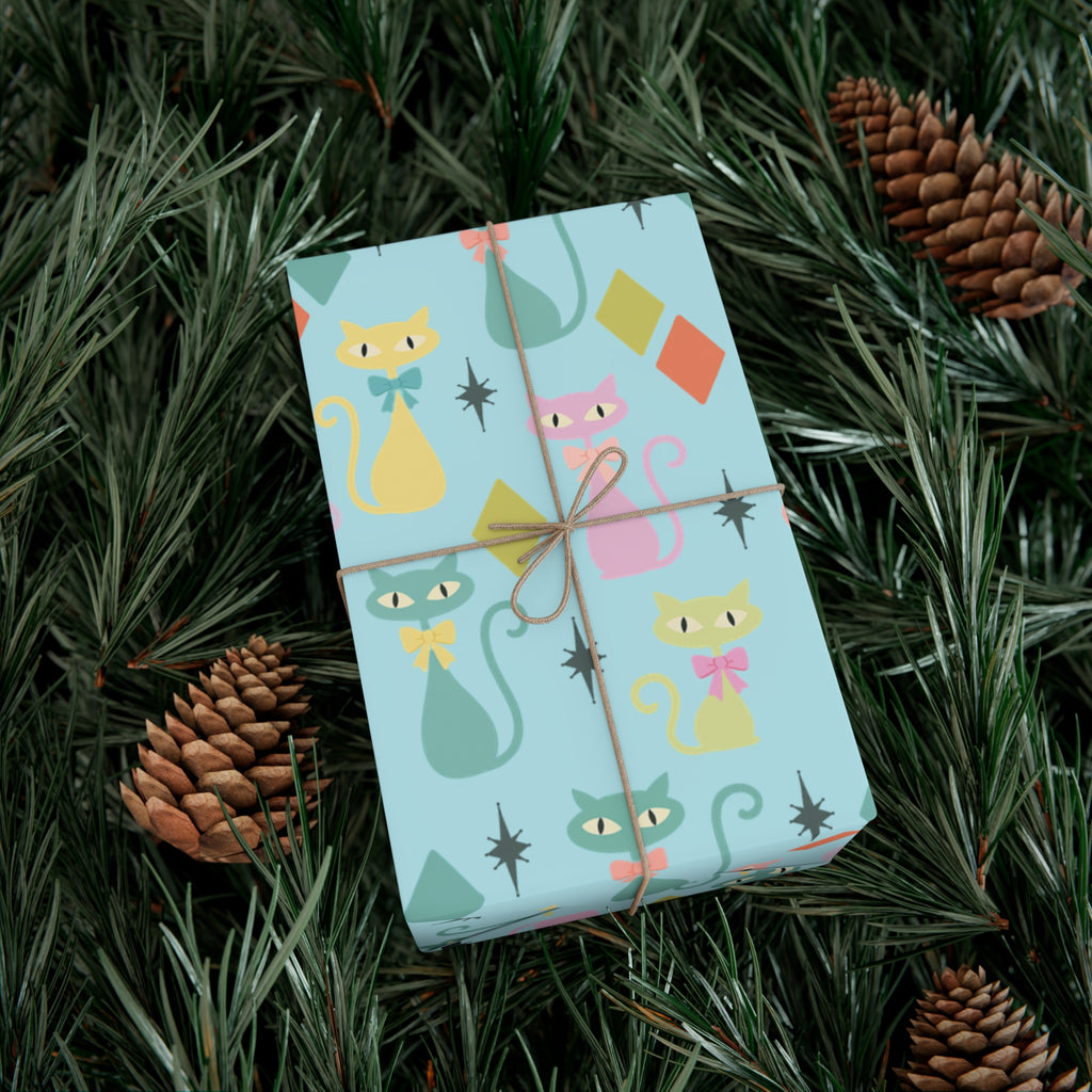 Papier cadeau chat atomique, papier cadeau rétro, motif chaton pastel du milieu du siècle, fêtes vintage 30x20, 30x72, 30x144 Parfait pour toutes les occasions