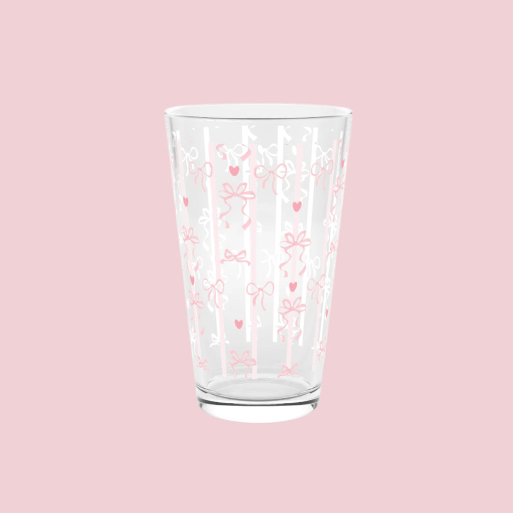 Pint Glass, Pink Bows & Ribbons, Cute Aesthetic Drinkware, Girly Gift, Elegant Glassware, Feminine Decor, Stylish Beverage Glass, Handwash Only 16 oz