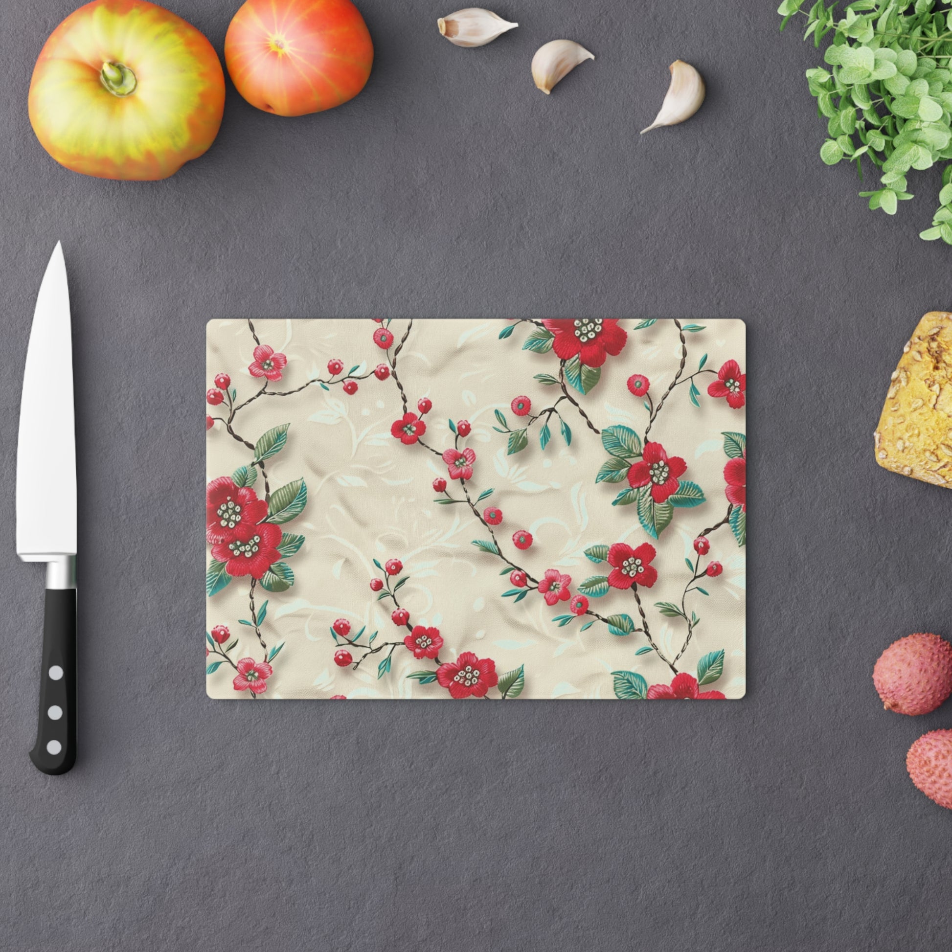 Vibrant 3D Embroidery Illusion Red Flowers Tempered Glass Cutting Board: Durable & Stylish for Cooking and Serving Stylish Cooking Kitchen Decor Housewarming, New House Gift - MRSBYVALLE