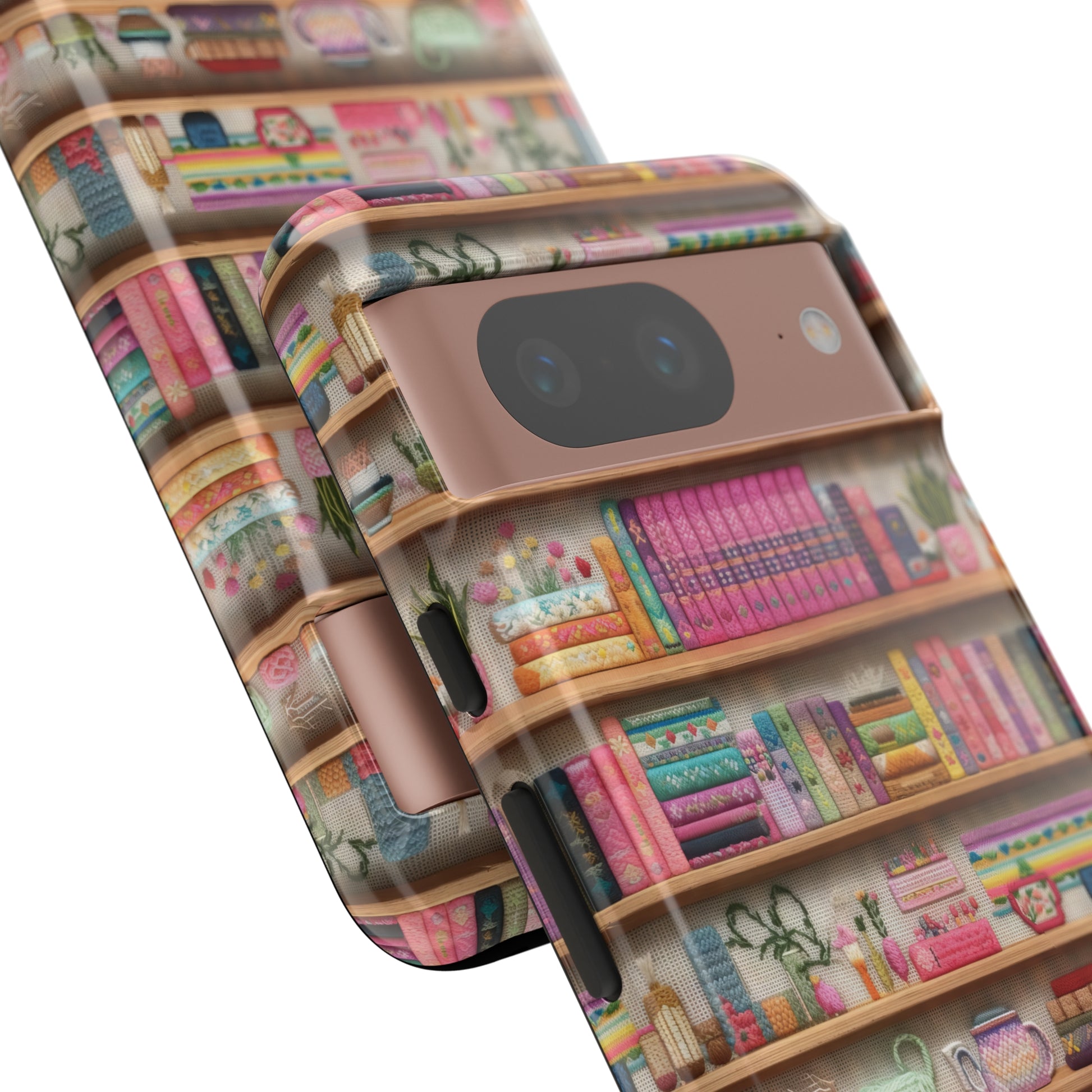 Phone Case 3D Illusion Books & Shelf Embroidery Design with Vibrant Colors Gift for Her Phone 15, Samsung iPhone Samsung Gift for Her Case iPhone 15, Samsung iPhone Samsung Accessory Gift for Her.