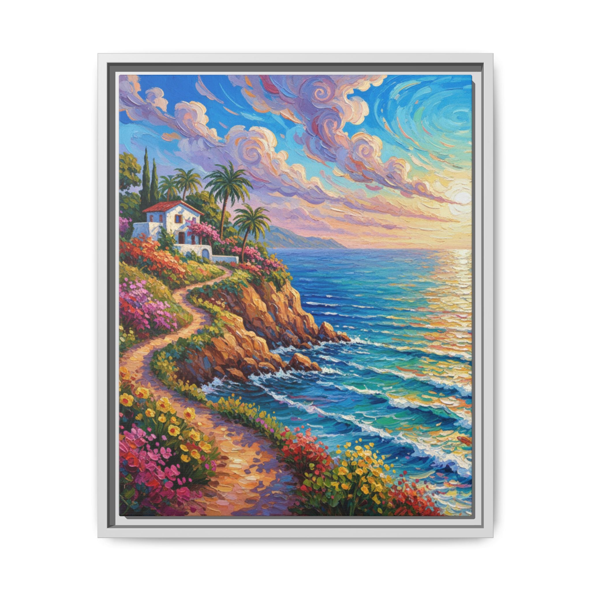 Ocean Floral Print Canvas | Bright Colorful Seascape Wall Art, Framed Matte Office Art Work