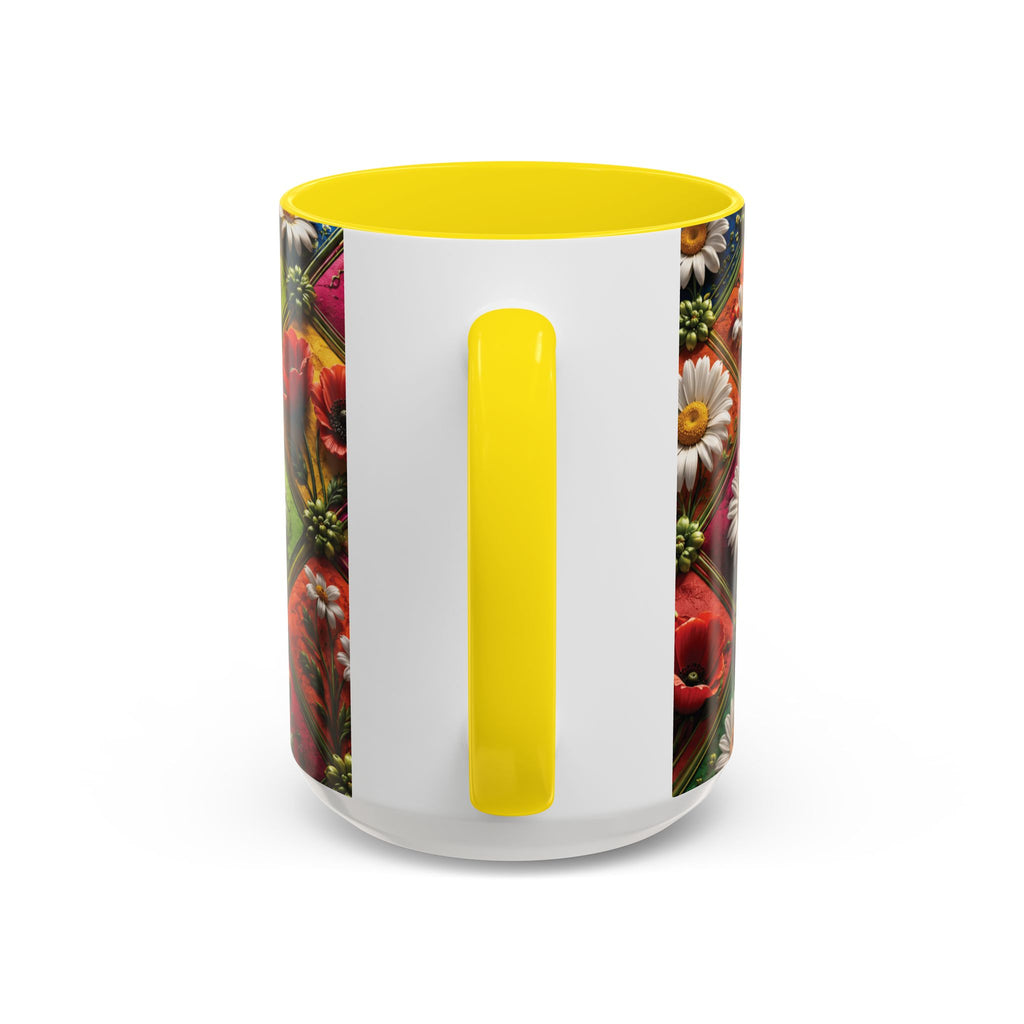 Floral Patchwork Accent Coffee Mug — Colorful Poppies & Daisies (11/15oz) 3D Illusion