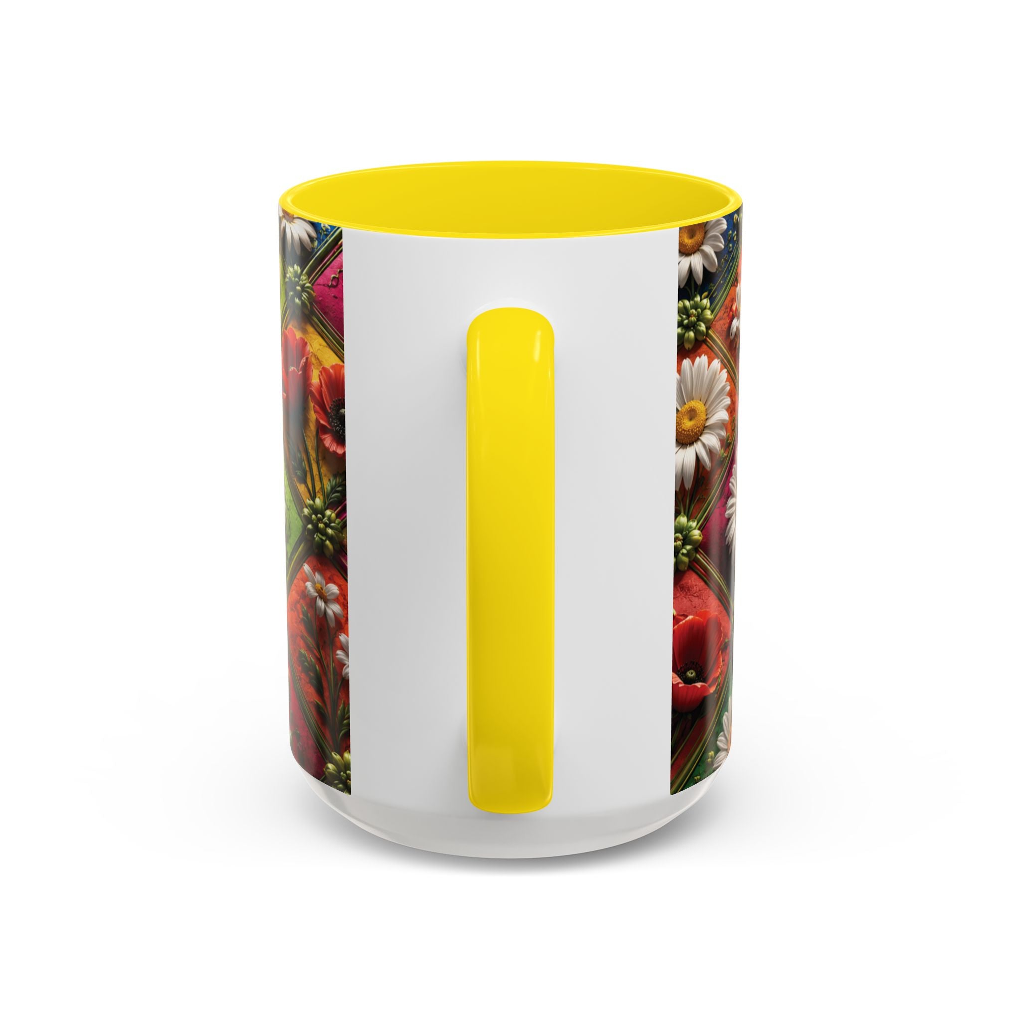 Floral Patchwork Accent Coffee Mug — Colorful Poppies & Daisies (11/15oz) 3D Illusion