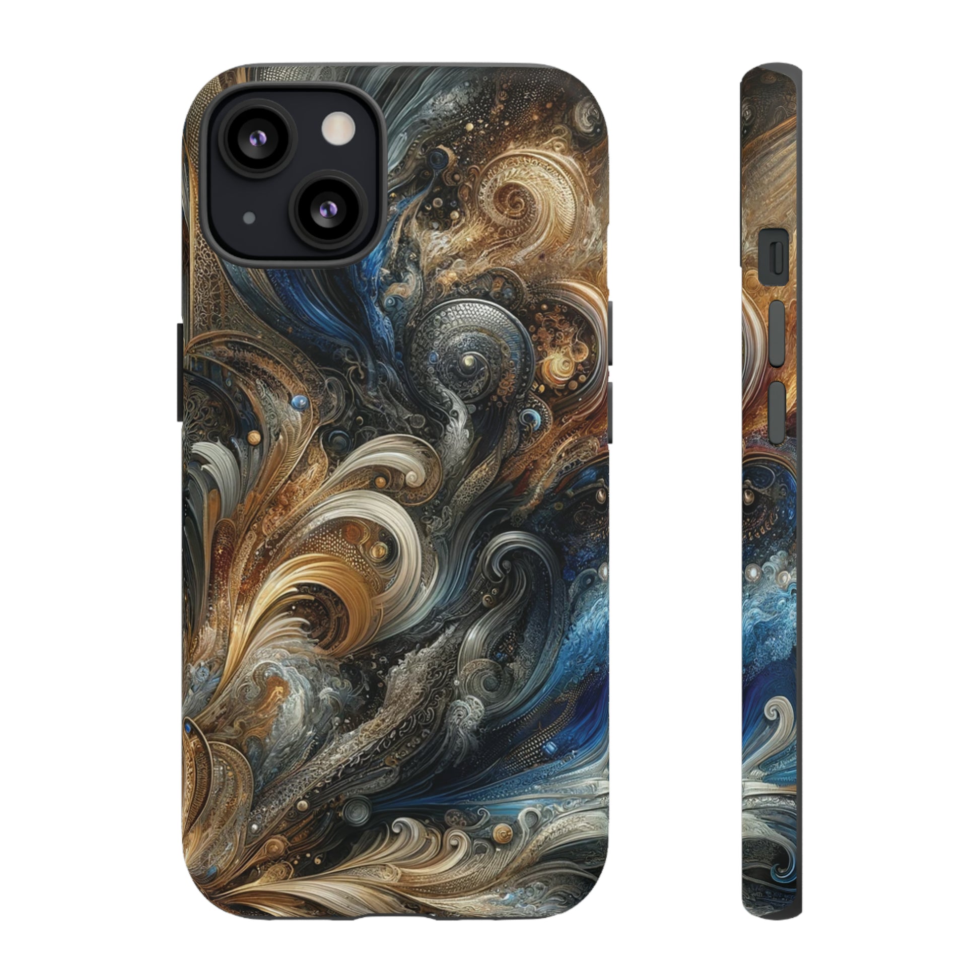 Gold and Navy Art Design Luxury Phone Tough Case Floral Elegant Durable Stylish for Modern Devices iPhone 15, Samsung iPhone Samsung Accessory Gift for Her.