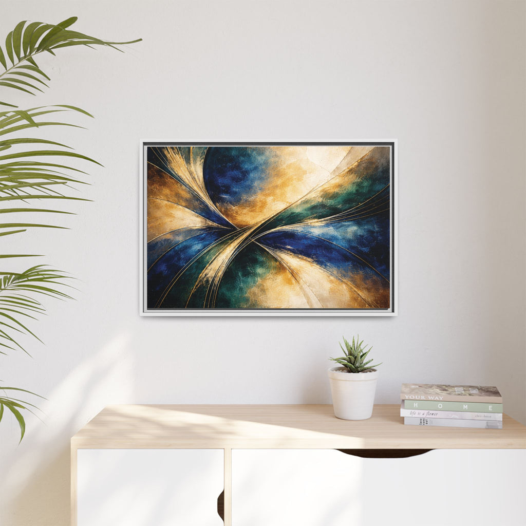Gilded Convergence  Luxe NeoDeco Blue & Gold Abstract Wall Art Framed