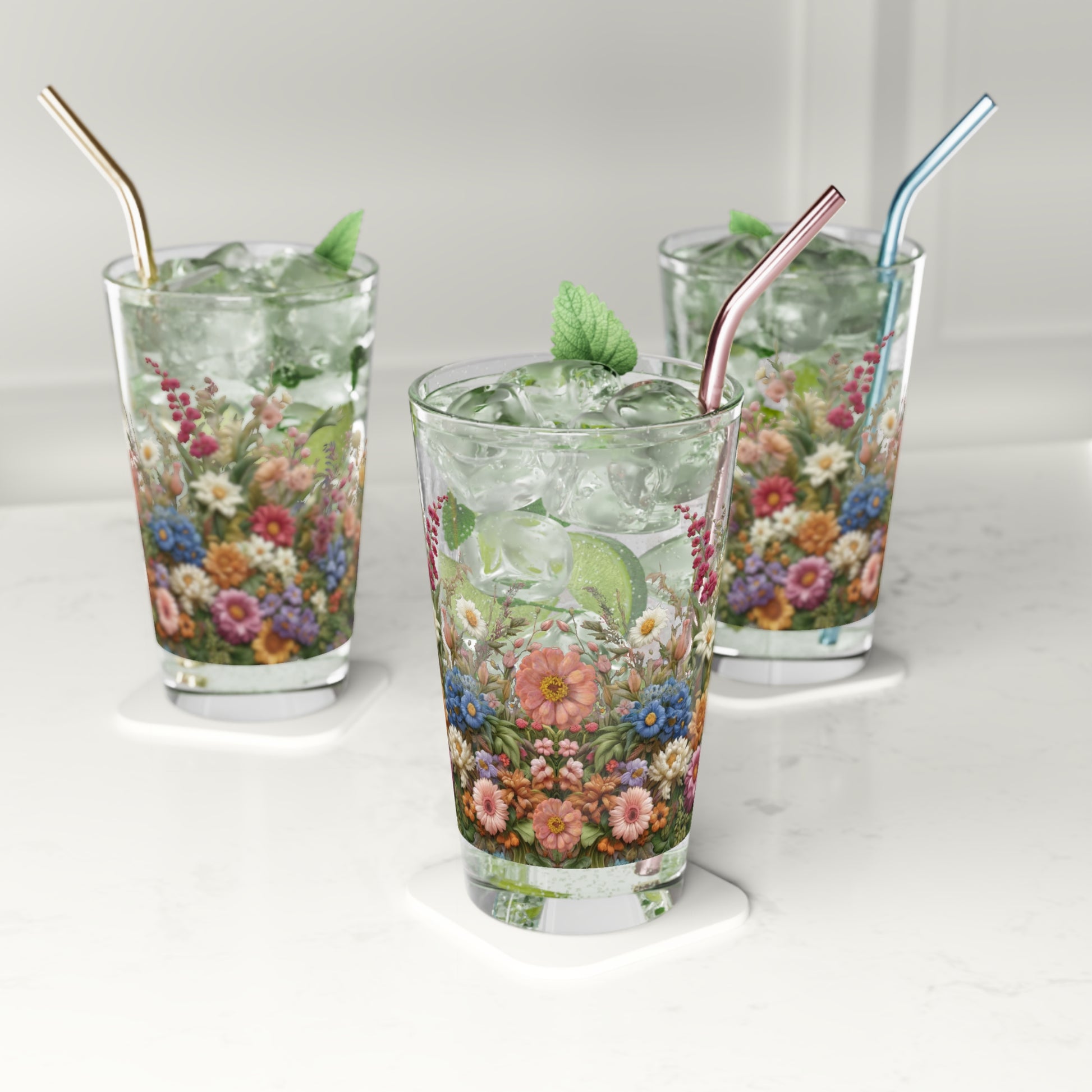 New House Floral Watercolor 16oz Pint Glass Delicate Blooms for Refreshing Sips Art Gifts, Party Drinkware, Cocktail Glass Housewarming Perfect Gift Party Drinkware, Cocktail, Wedding Perfect for Parties.