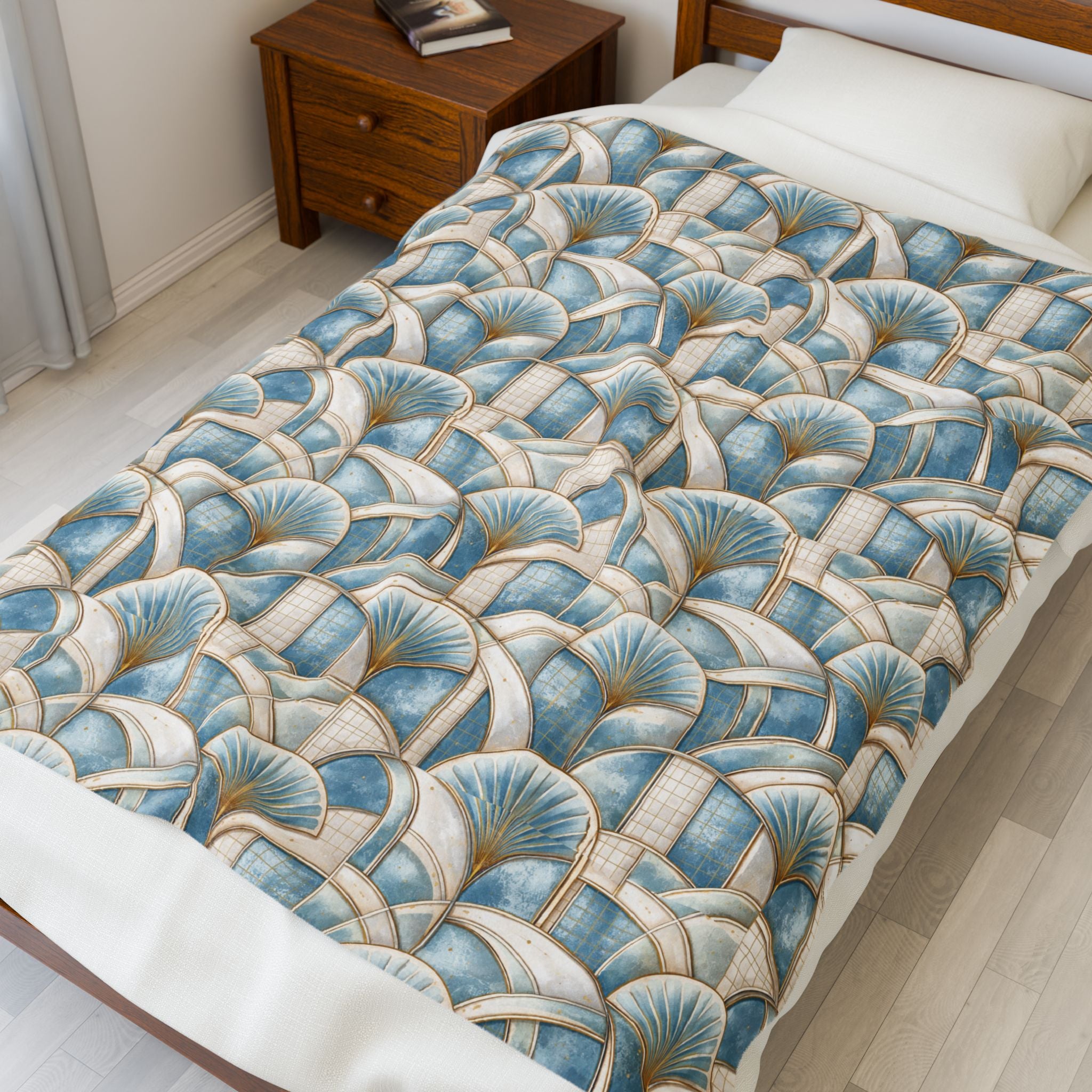 Blue & Gold Geometric Luxury Velveteen Plush Blanket Minky