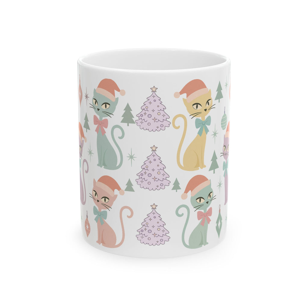 Mug Chat Atomique Pastel, Tasse à Café Rétro Moderne du Milieu du Siècle, Motif Chat Vintage avec Nœud Coquette, Mug en Céramique 11oz & 15oz pour Amoureux des Chats