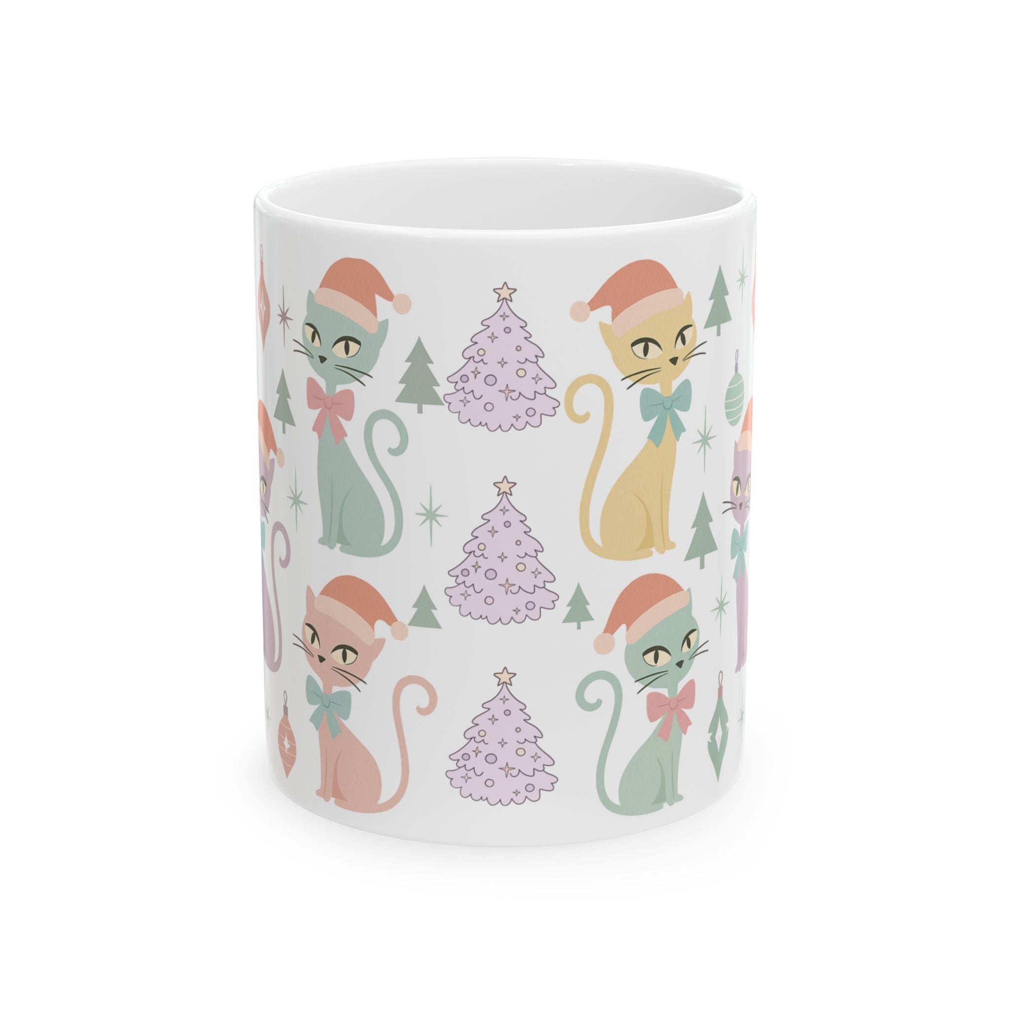 Pastel Atomic Cat Mug, Retro Mid Century Modern Coffee Cup, Vintage Kitty Design with Coquette Bow, 11oz & 15oz Ceramic Mug for Cat Lovers