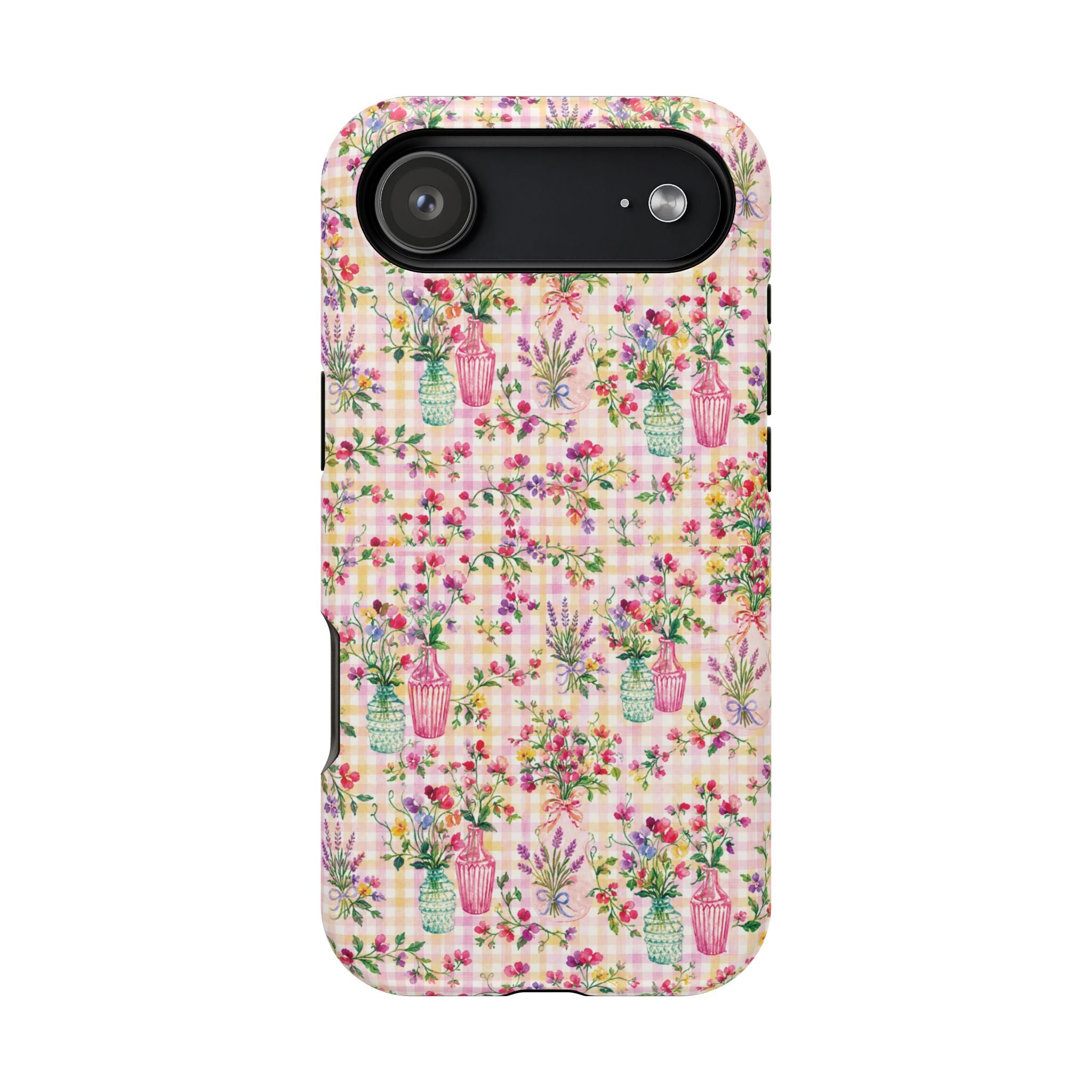 Turquoise & Pink Floral Checker Phone Case — Magnetic Impact-Resistant