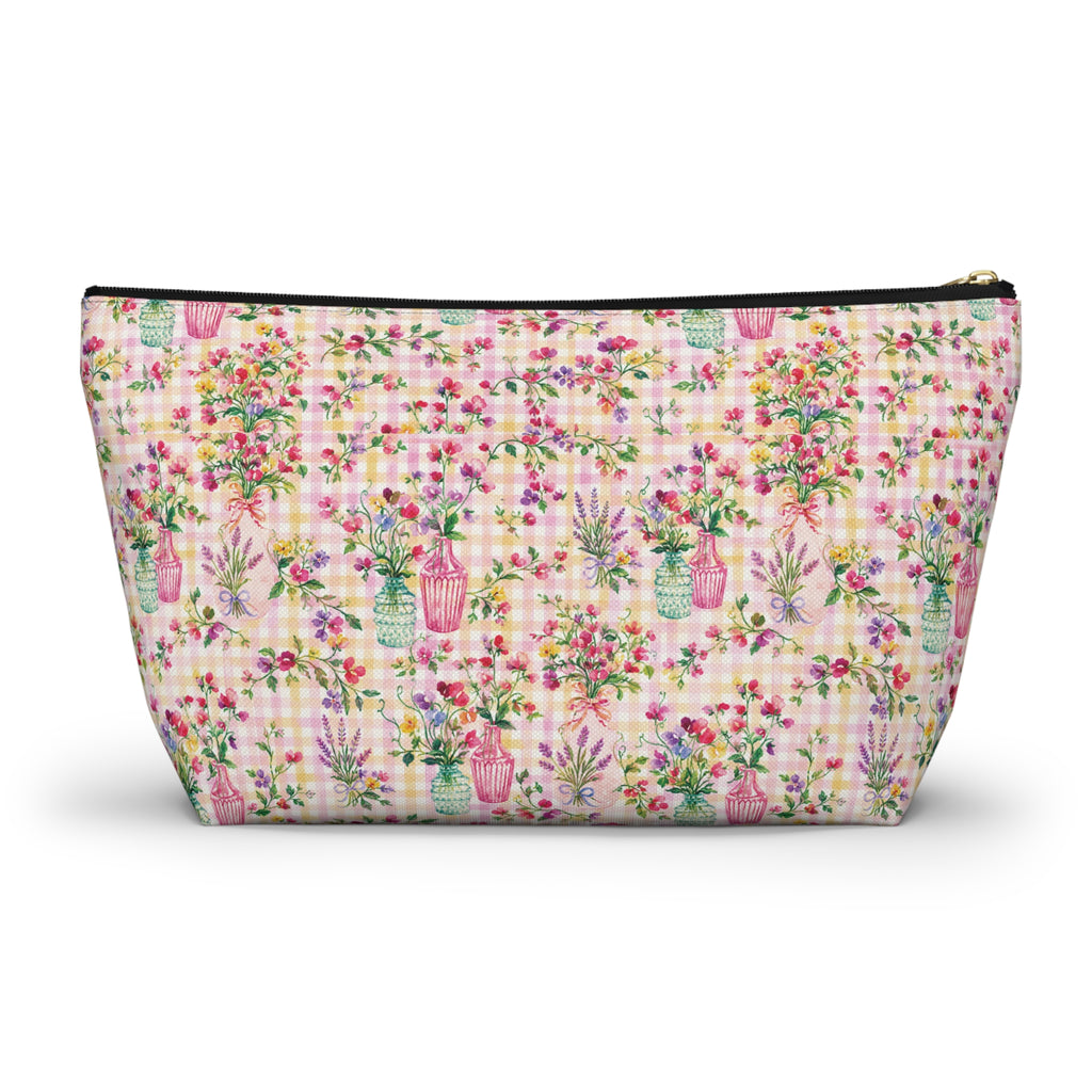 Trousse à accessoires à carreaux floraux turquoise et rose (fond en T) Maquillage, Sac cadeau pour elle