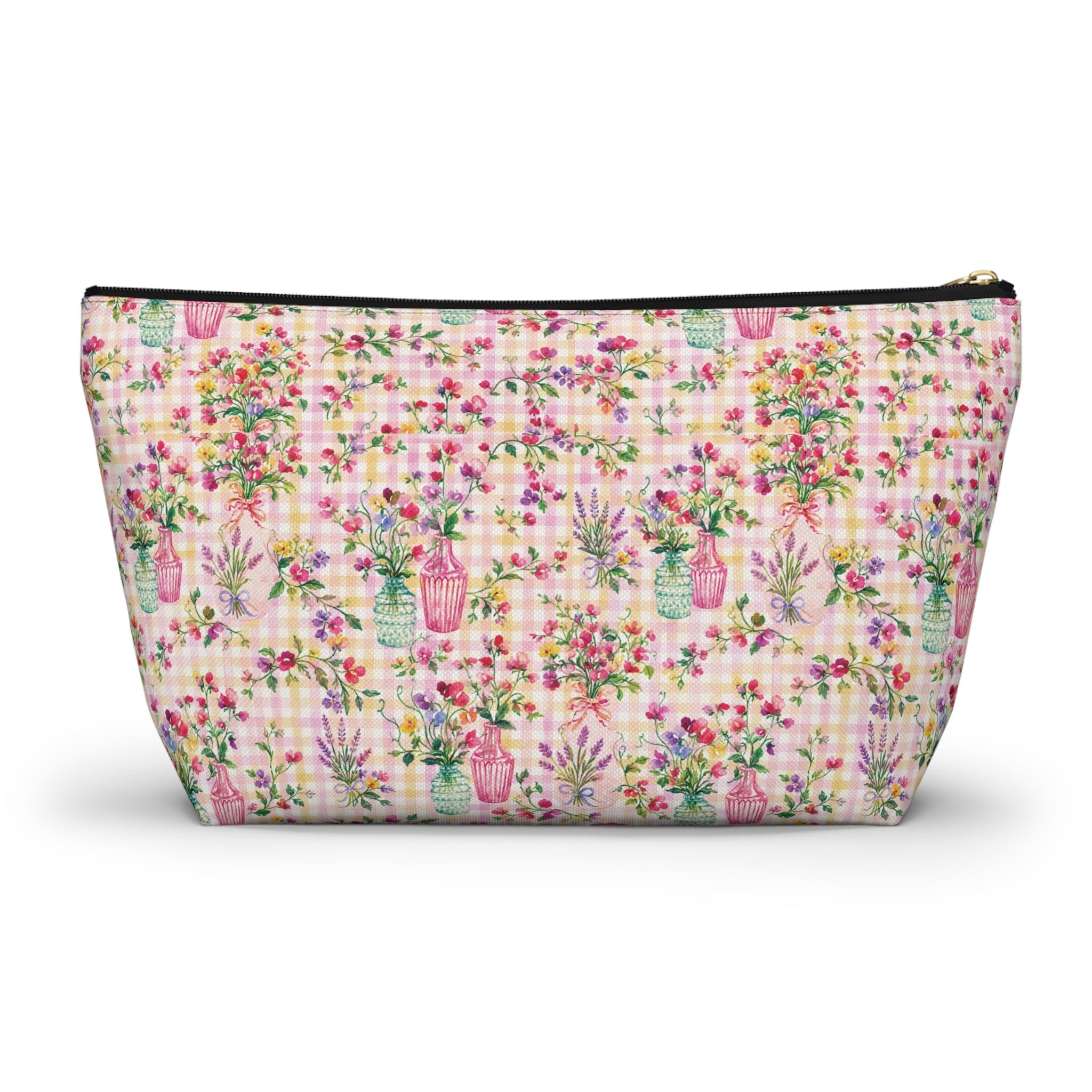 Turquoise & Pink Floral Checker Accessory Pouch (T-Bottom) Makeup, Bag Gift for Her