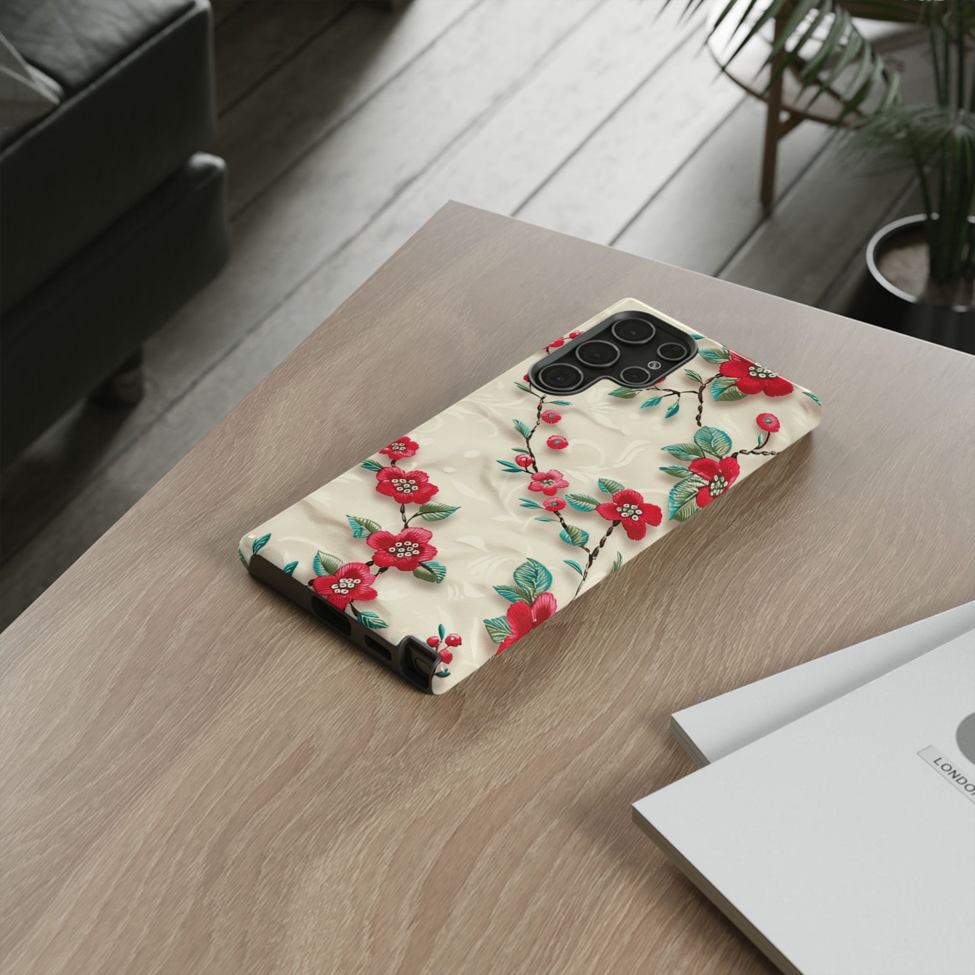 3D Embroidery Illusion Red Flowers Phone Case for iPhone, Samsung Pixel Artistic Floral Protection 15 14 13 12, 21 23 Gift for Her Perfect for Floral Lover