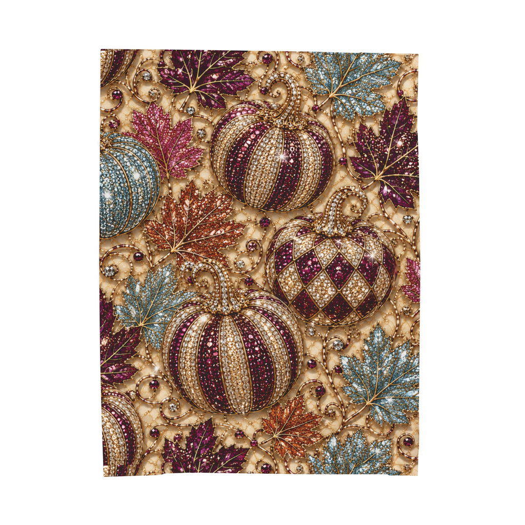 Plush Blanket - Jewel-Toned Decorative Pumpkins & Leaves Fall Throw Rhinestone Faux