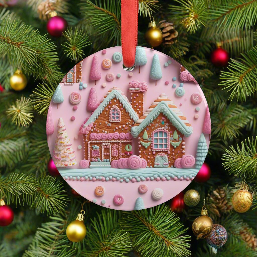 Charming 3D Clay Illusion Pink Gingerbread House Ornament Festive Holiday Captivating Optical Perfect for Christmas Tree, Gift Acrylic with Ribbon Perfect Gift for Tree, Home, Holiday Keepsake Ideal for Tree Trimming - MRSBYVALLE