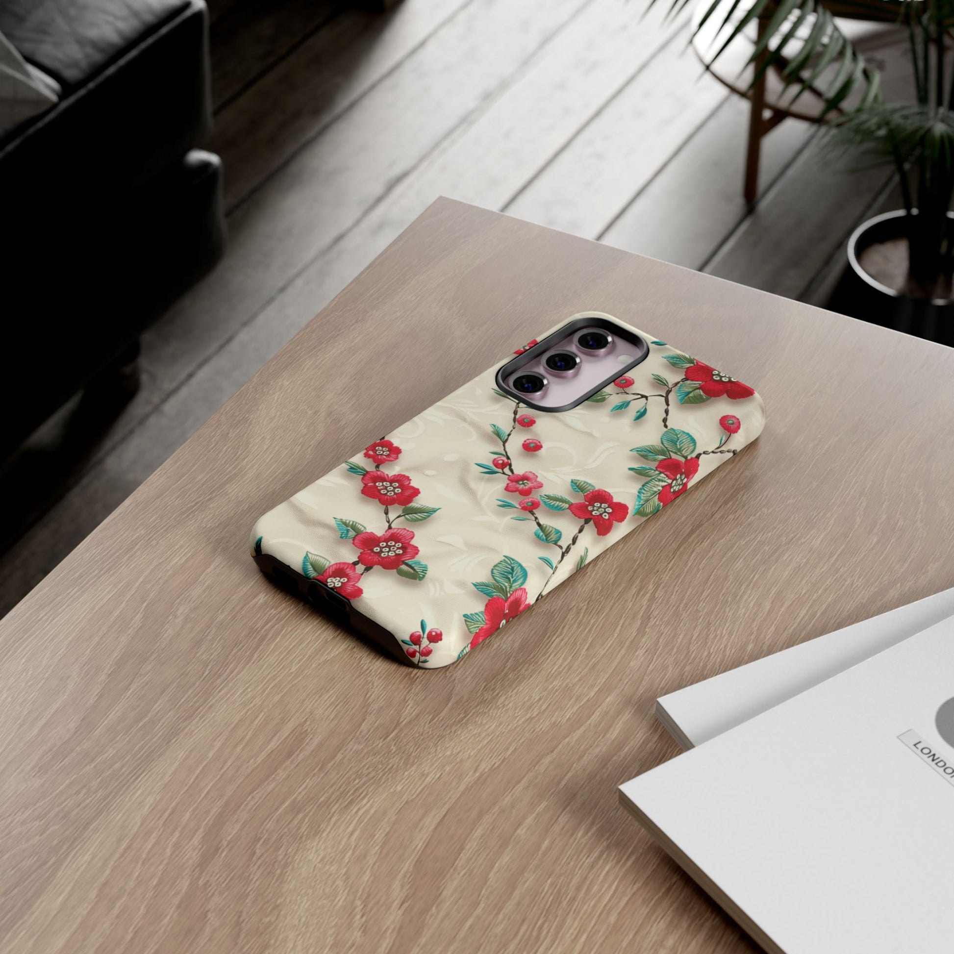 3D Embroidery Illusion Red Flowers Phone Case for iPhone, Samsung Pixel Artistic Floral Protection 15 14 13 12, 21 23 Gift for Her Perfect for Floral Lover