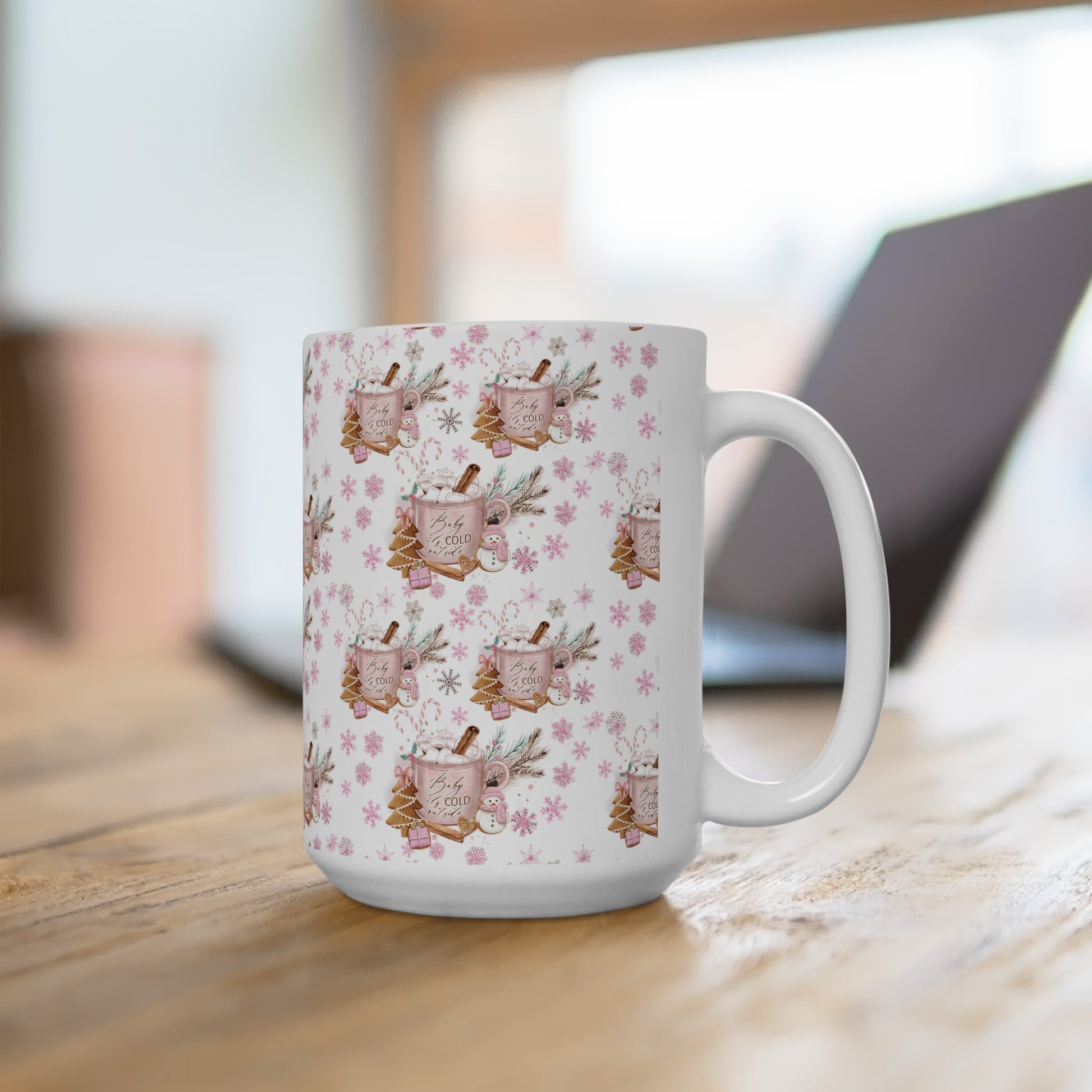 Pink Baby it's Cold Outside Coffee Ceramic Mugs Perfect for Your Morning Brew | 11 oz & 15 oz Sizes Floral Mug for Tea, Cocoa, and More Unique Bohemian Design Gift for Nature Lovers - MRSBYVALLE