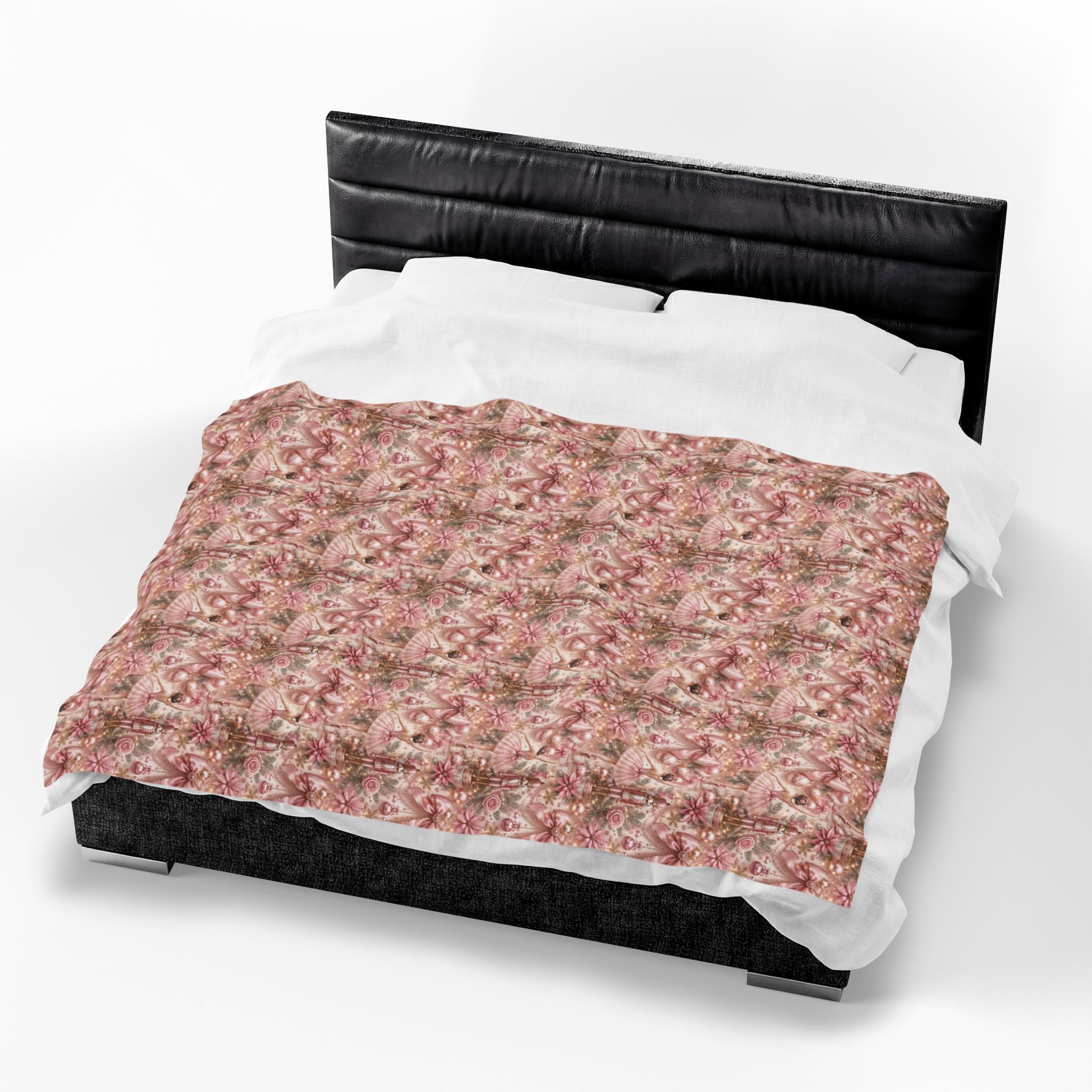 Velveteen Plush Blanket - Pink Ballerina and Nutcracker Bows Christmas