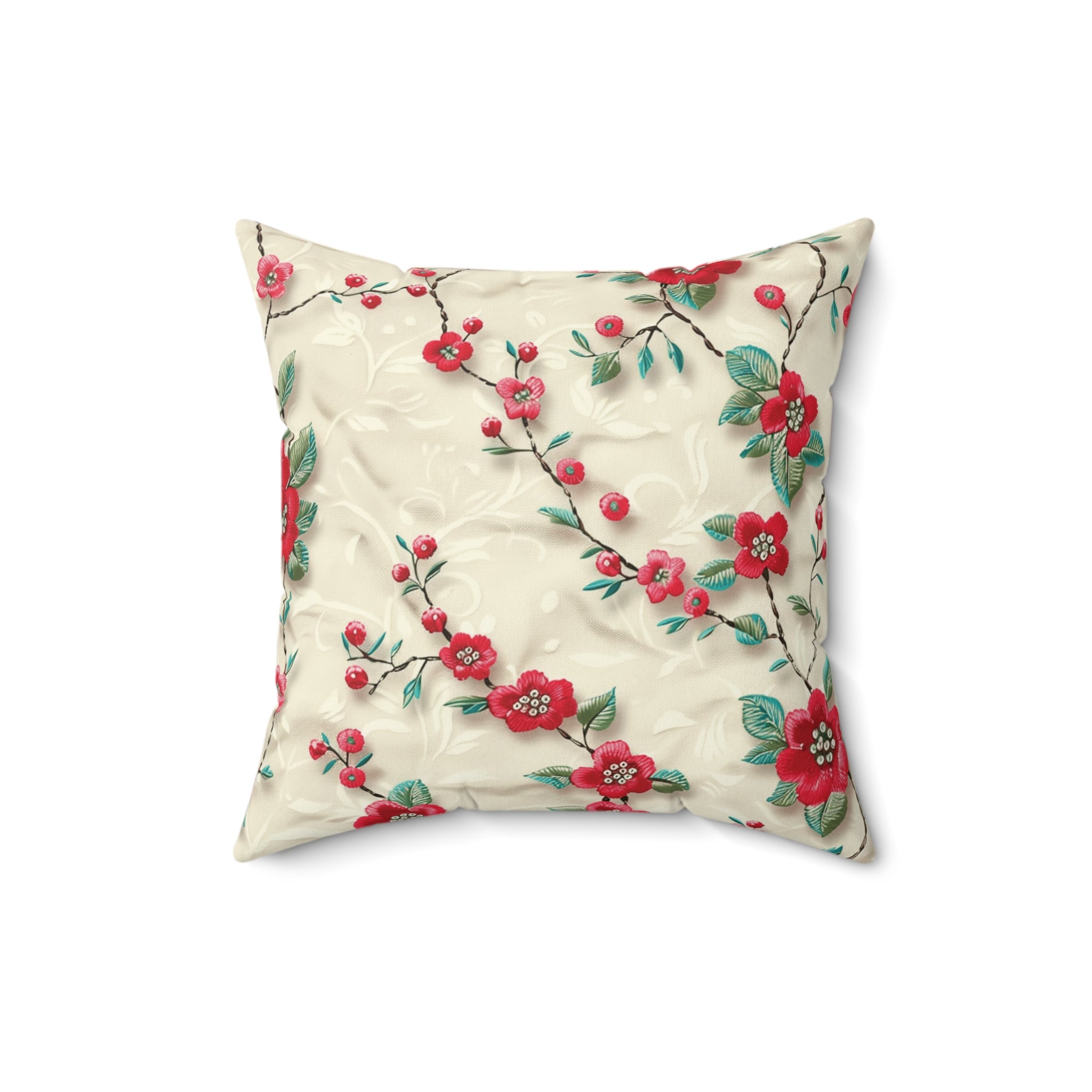 Chic 3D Embroidery Illusion Red Flowers Square Pillow for Sofa, Bed, or Chair Premium Quality, Soft, and Durable | Perfect for Couch, Bed, or Chair | Elegant Bedrooms Pillow Gift New House, Bridal Shower - MRSBYVALLE