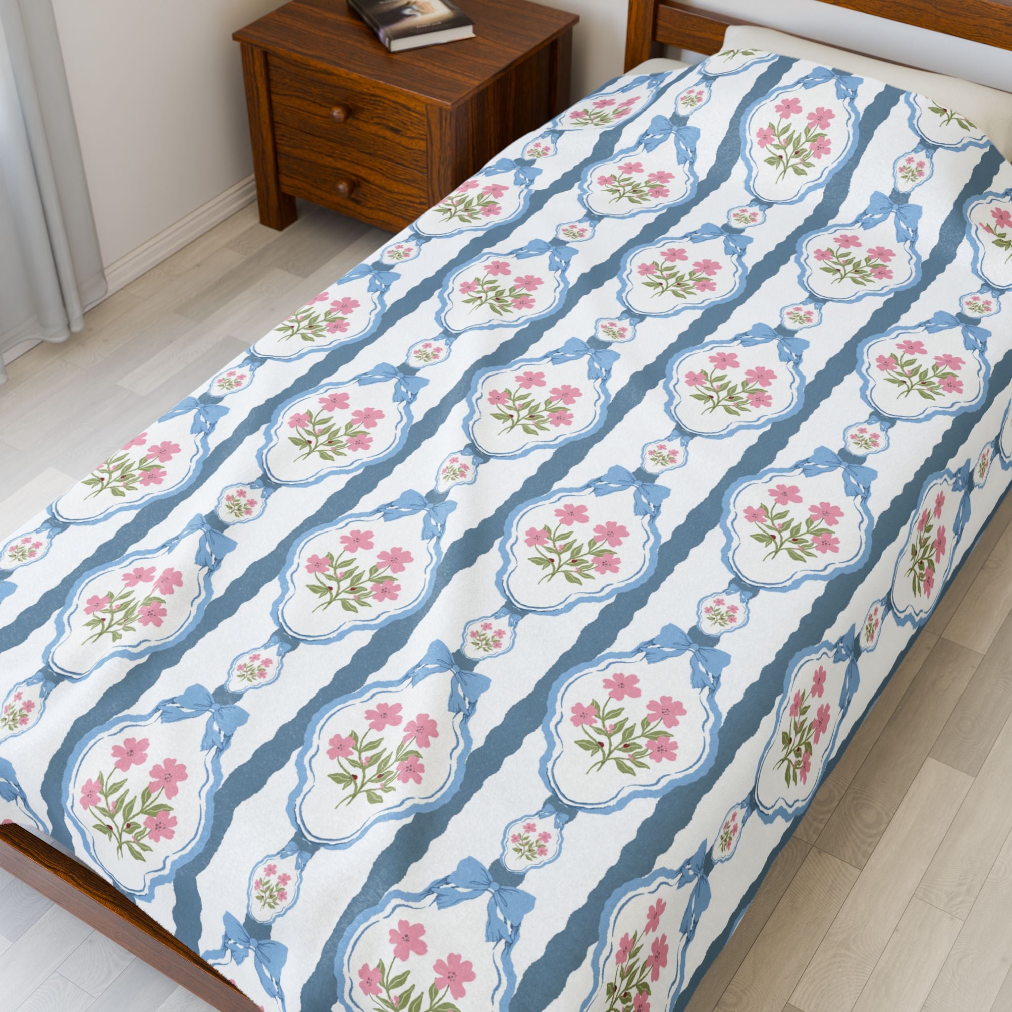 Velveteen Plush Blanket — Vintage Pink Bows & Blue Romantic Throw