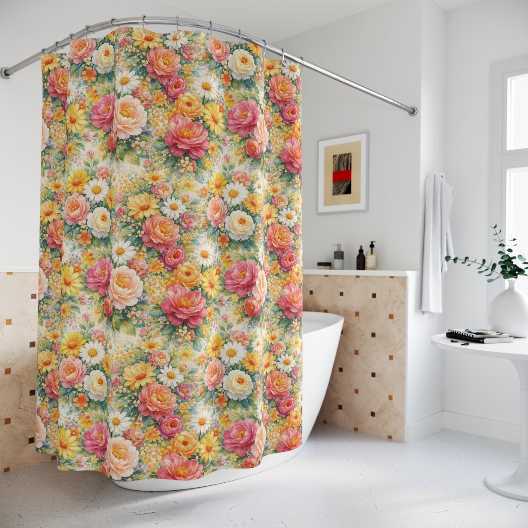 Pink and Yellow Floral Shower Curtain, Floral Bathroom Decor, Botanical Cottage Style, Nature Lover Gift, Bohemian