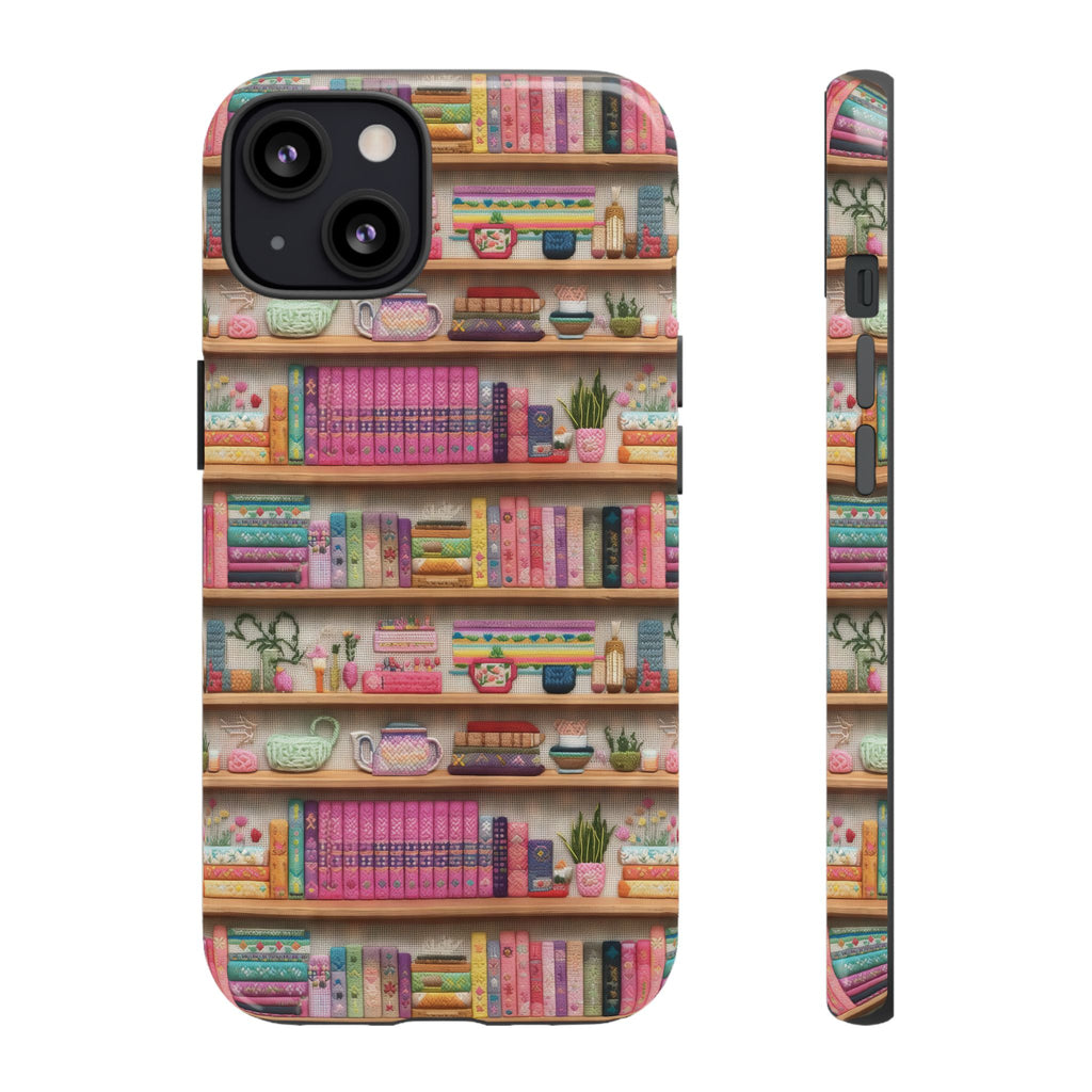 Whimsical 3D Embroidery Illusion Books on Pastel Shelves Phone Case for iPhone, Samsung & Pixel: Unique Accessory for Literary Enthusiasts Gift for Her Perfect for Floral Lover