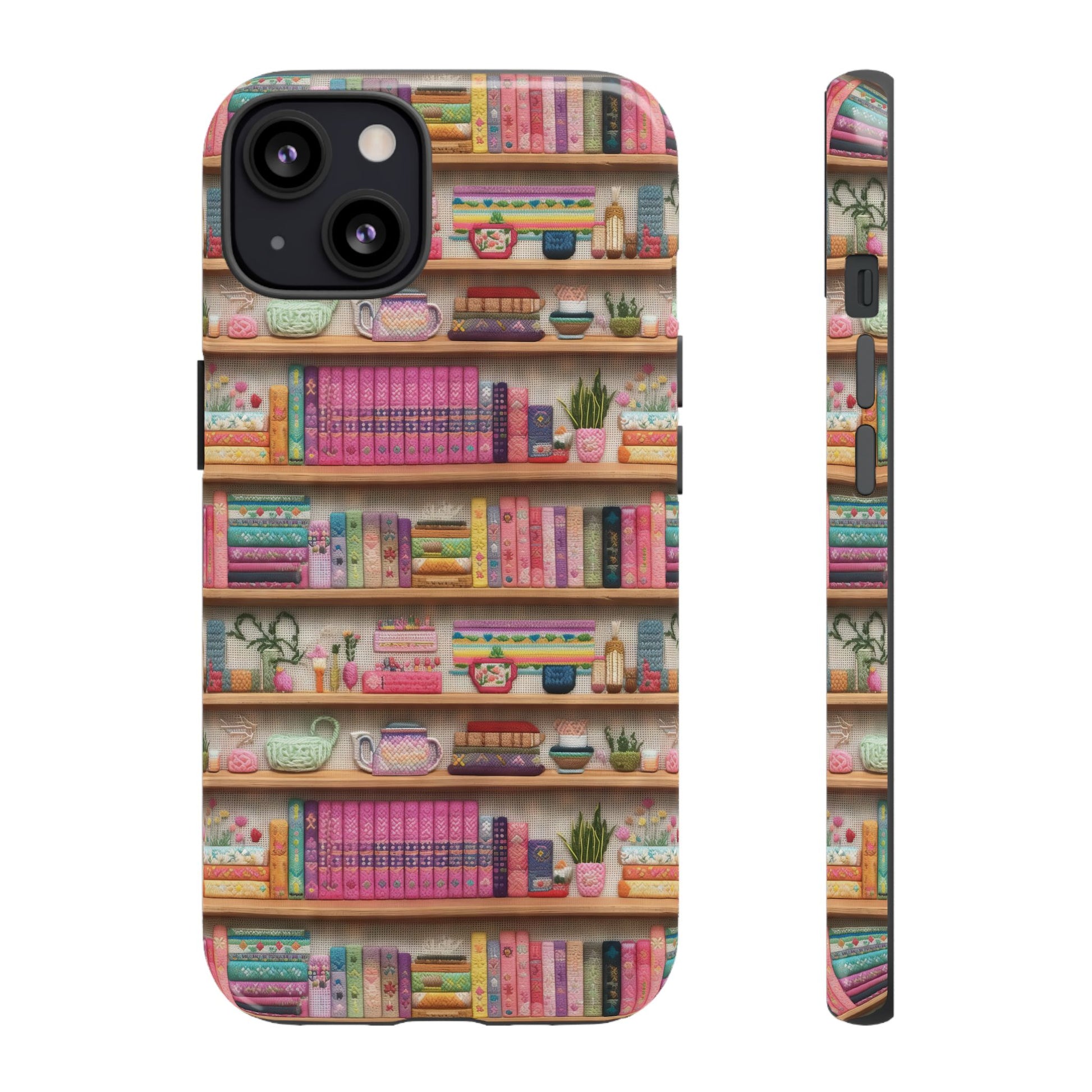 Whimsical 3D Embroidery Illusion Books on Pastel Shelves Phone Case for iPhone, Samsung & Pixel: Unique Accessory for Literary Enthusiasts Gift for Her Perfect for Floral Lover